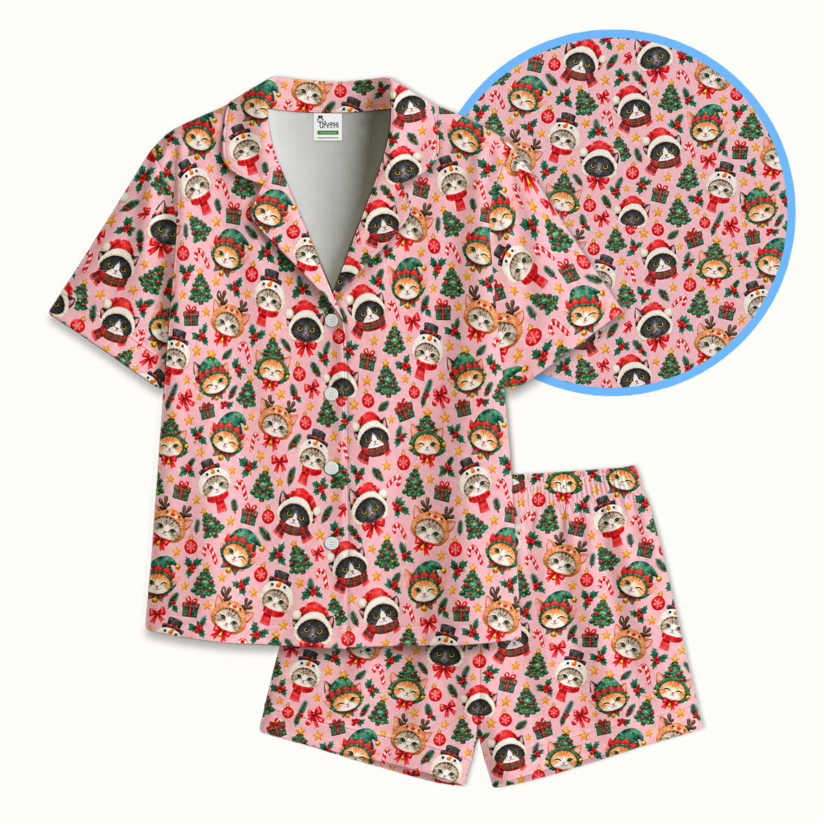 Christmas Cats And Trees Pattern Pajama Set, Breathable Fabrics Uniform