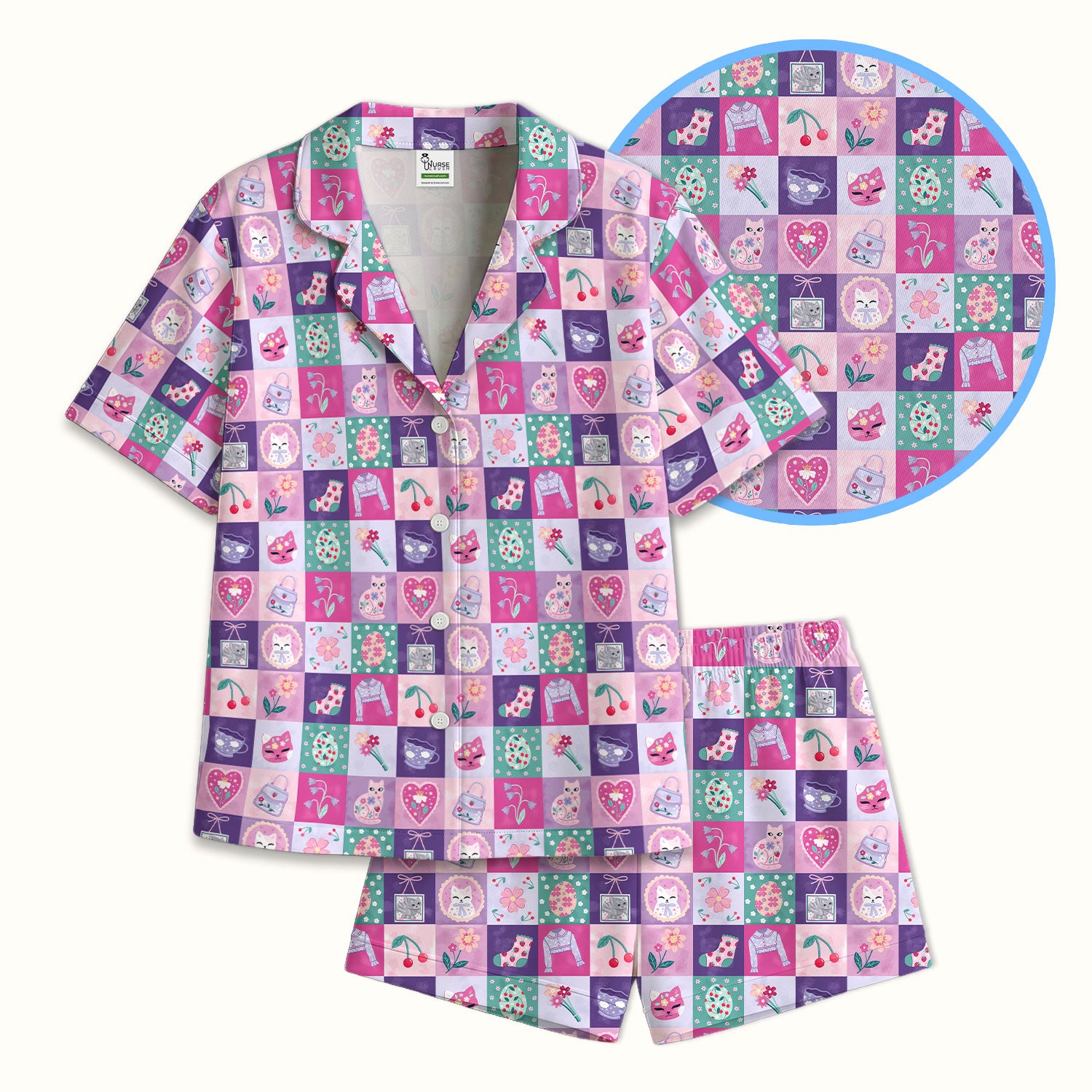 Pastel Cat Patchwork Pajama Set, Kawaii Floral Breathable Fabrics Uniform