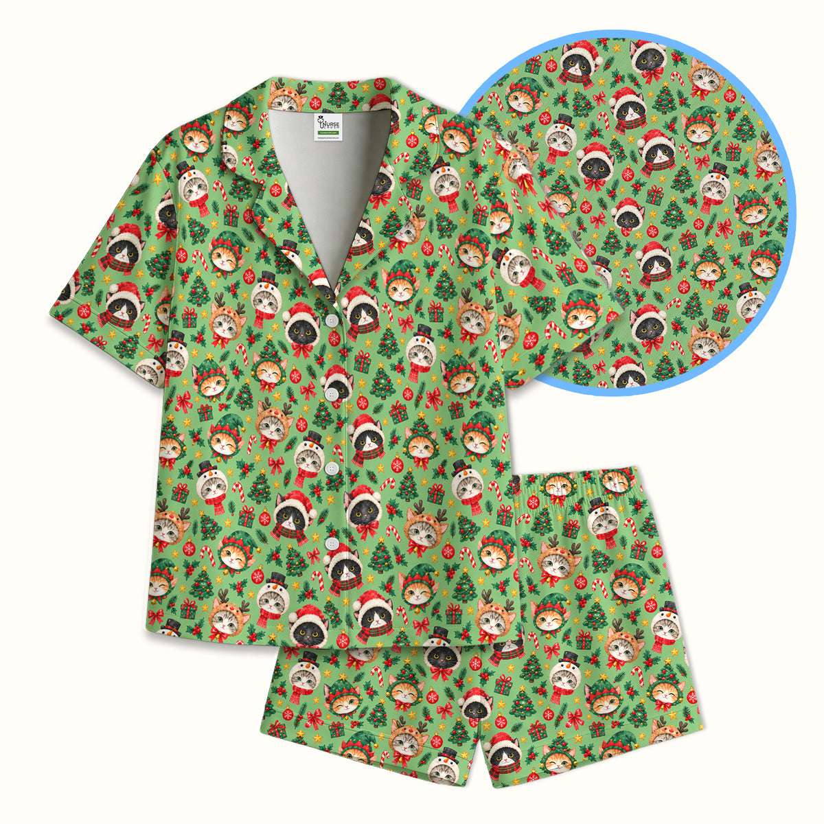 Christmas Cats And Trees Pattern Pajama Set, Breathable Fabrics Uniform