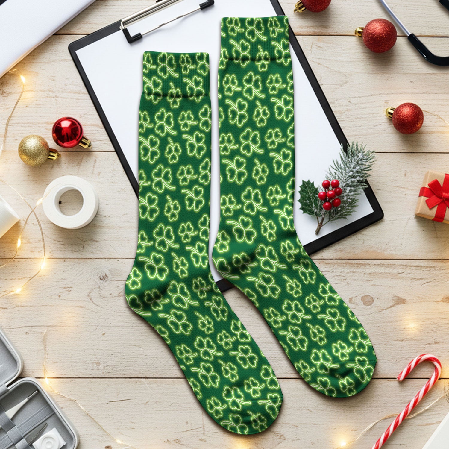 Neon Shamrock Nurse Scrub Socks, St. Patrick’s Day Glow Green Pattern Pattern Sock,  Breathable Fabrics Nursing Uniform