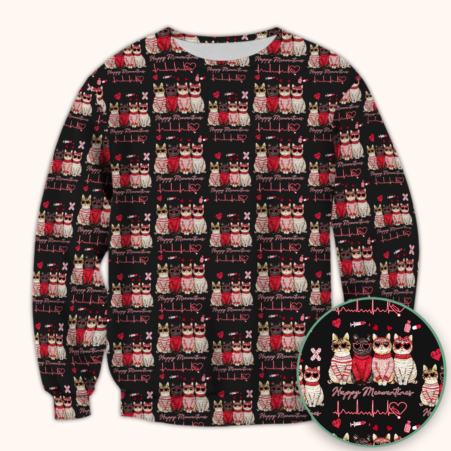 Happy Meowtines Cat Pattern Scrub Top, Valentine Cat Lover Nurse Scrub Shirt, Heartbeat Medical Pattern Nursing Uniform