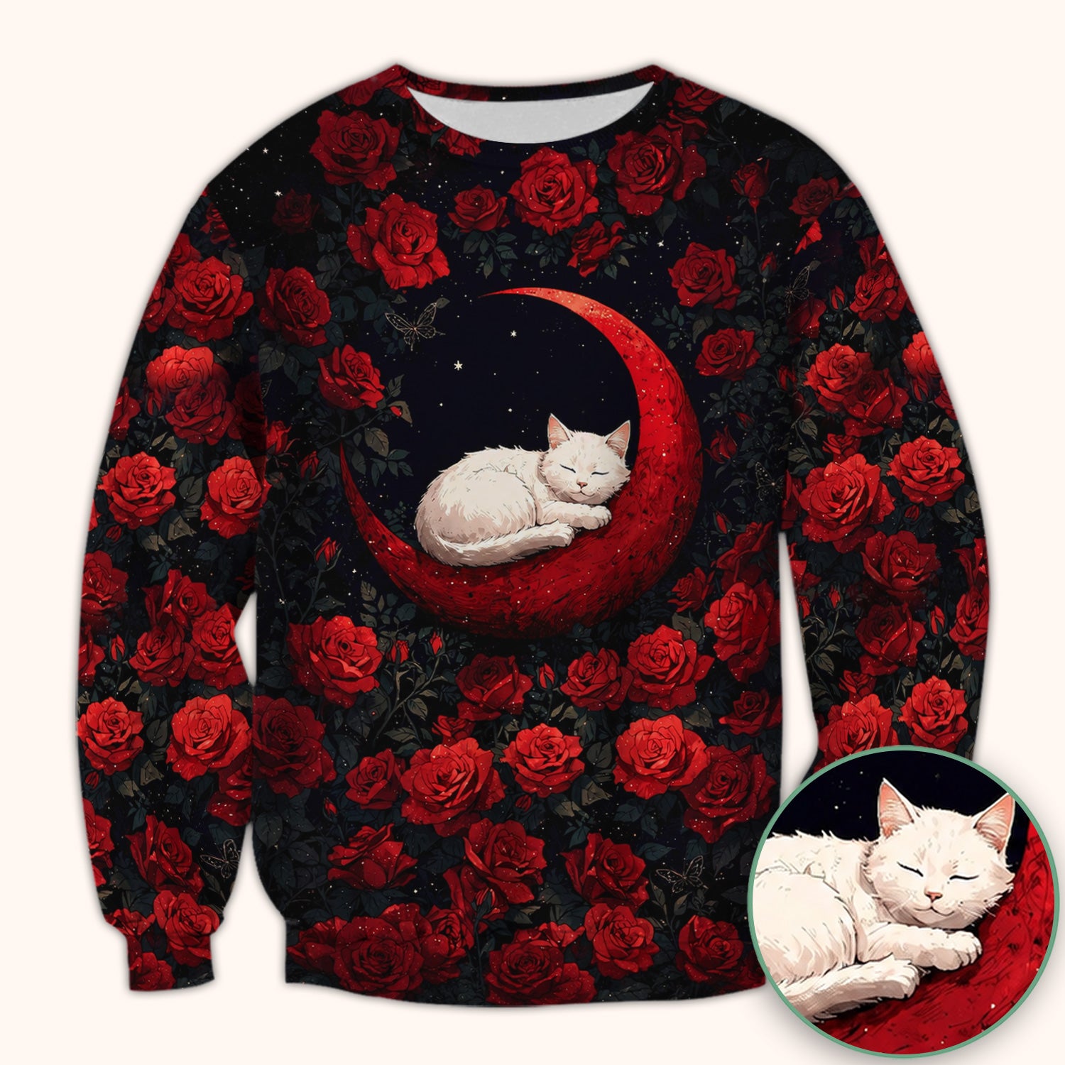 Gothic Red Moon Cat Nurse for Veterinary Staff, RN, CNA, Rose Medical Scrub Top, Comfortable Scrubs for Nurses