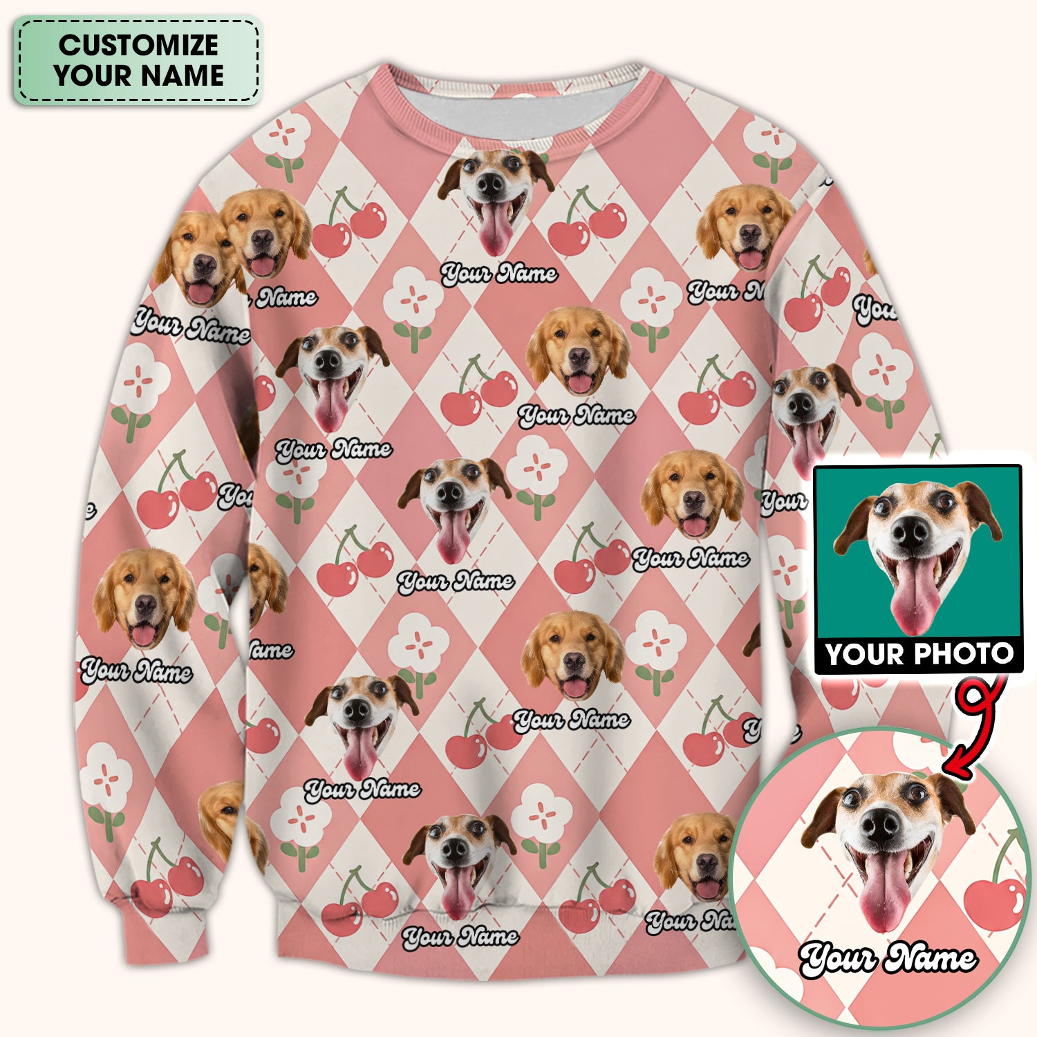 Custom Dog Face Scrub Top, Playful Dog Cherry Argyle Pattern Shirt, Comfortable Scrubs for Nurses