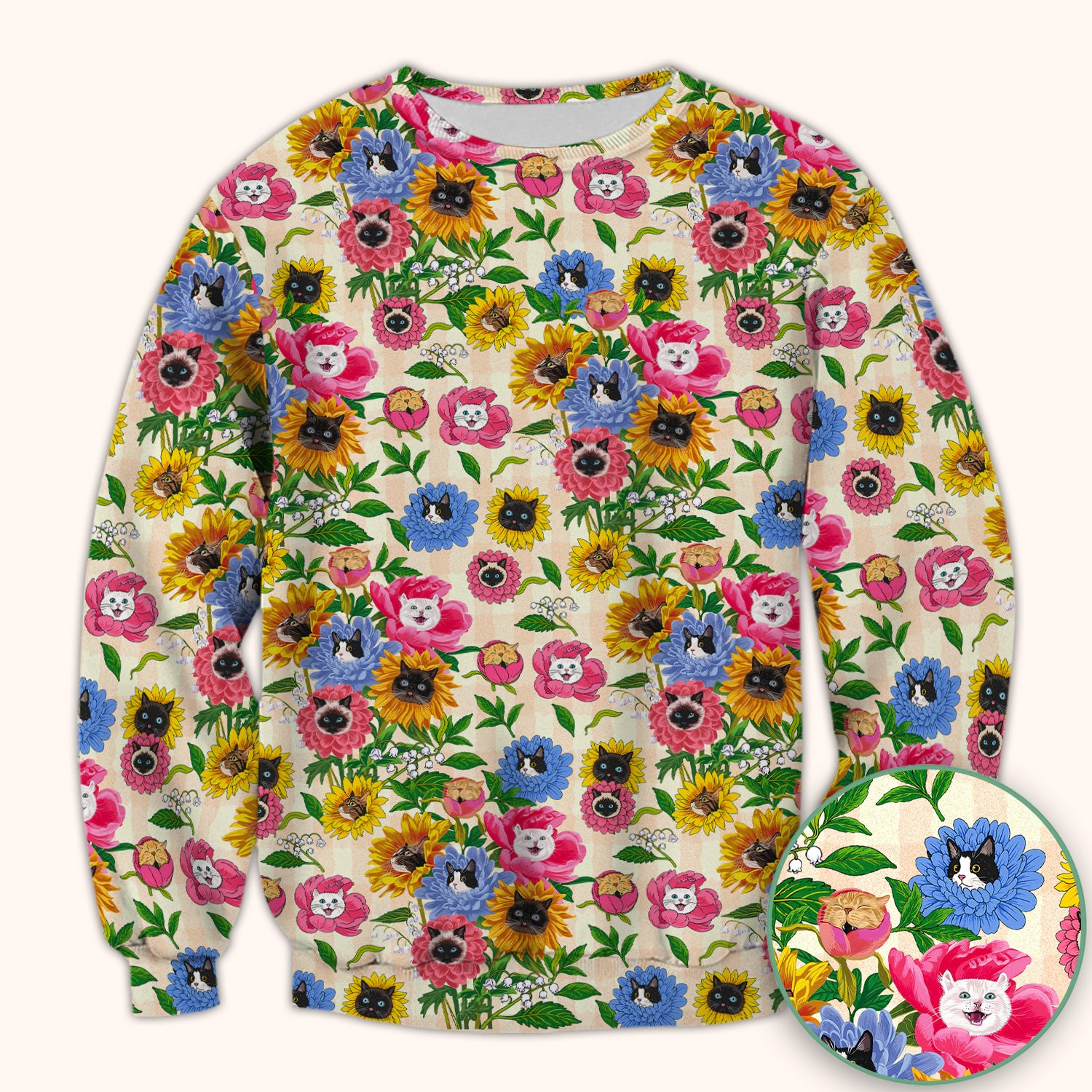 Cat Face Hidden In Colorful Flower Garden Scrub Top, Breathable Fabrics Nursing Uniform