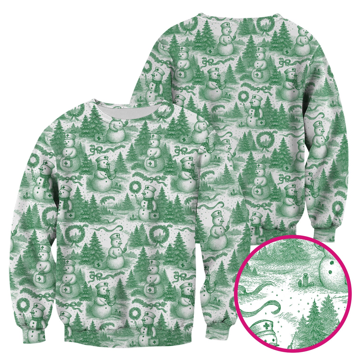 Christmas Scrub Top for Women – Toile de Jouy Snowman and Medical Pattern – Vintage Holiday Nurse Scrubs for Festive Season