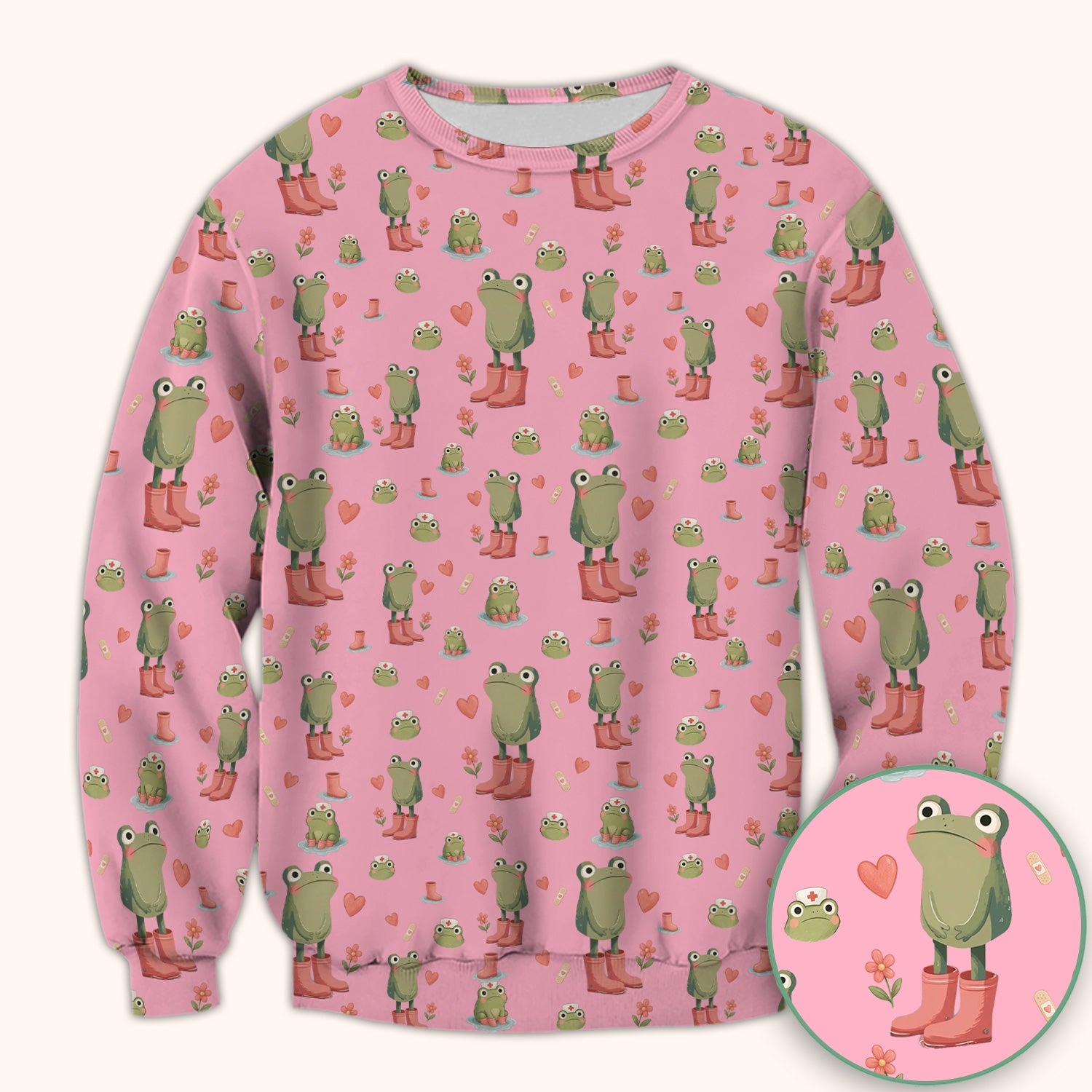 Adorable Frog Boots Heart Pattern Scrub Top, Comfortable Scrubs for Nurses