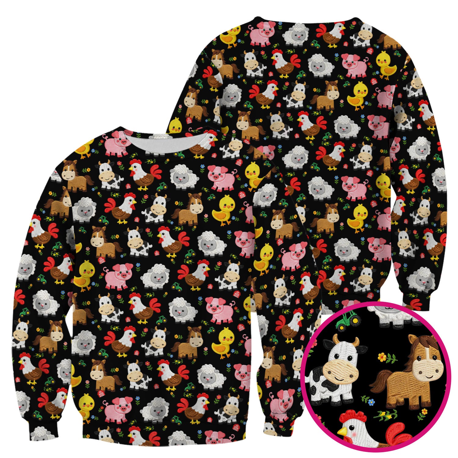 Cartoon Farm Animal Pattern Scrub Top, Breathable Fabrics Nursing Uniform