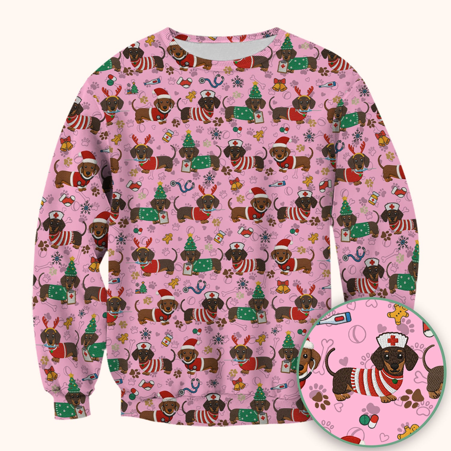 Christmas Dachshund Scrub Top for Nurses - Cute Wiener Dog Pattern Medical Shirt - Festive Holiday Scrubs Gift for Women RN CNA LPN