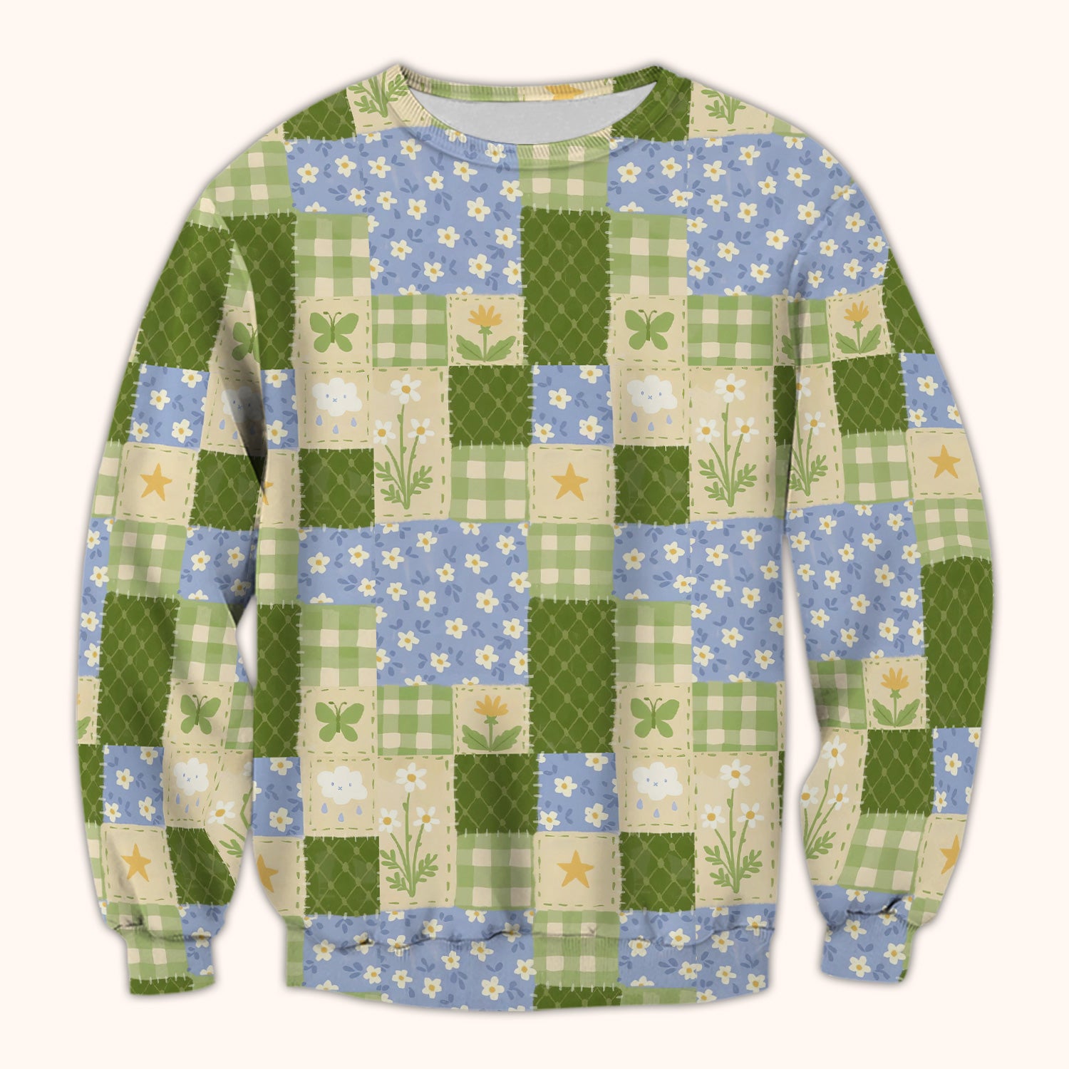Green Patchwork Clover Floral Pattern Scrub Top, Comfortable Scrubs For Nurses