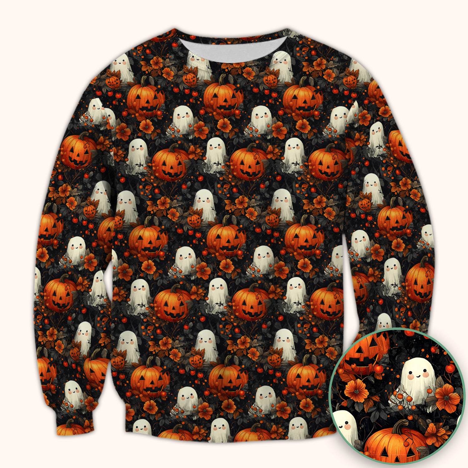 Spooky Halloween Ghost And Pumpkin Pattern Scrub Top, Comfortable Scrubs for Nurses