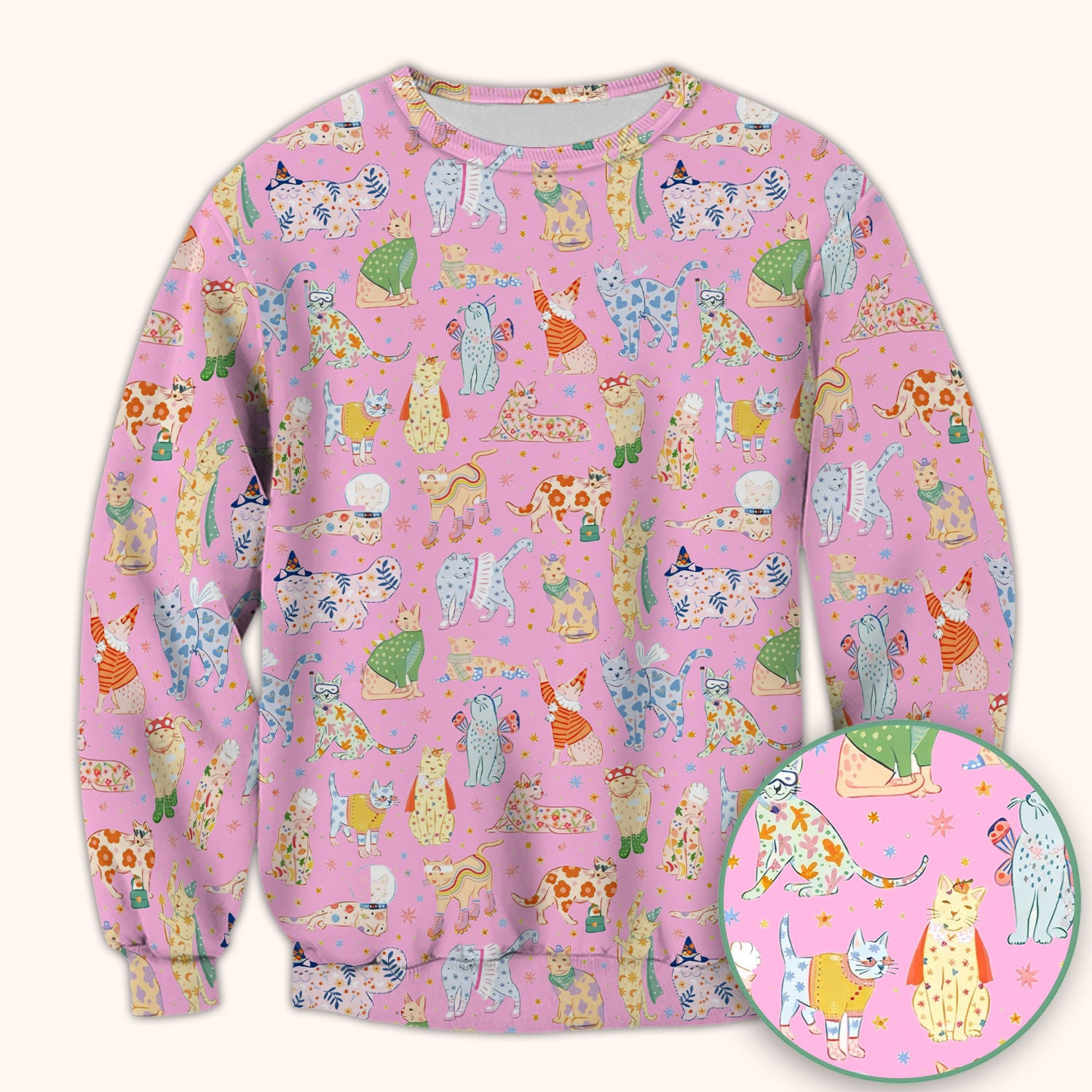 Colorful Pastel Cartoon Cats Print Scrub Top, Breathable Fabrics Nursing Uniform