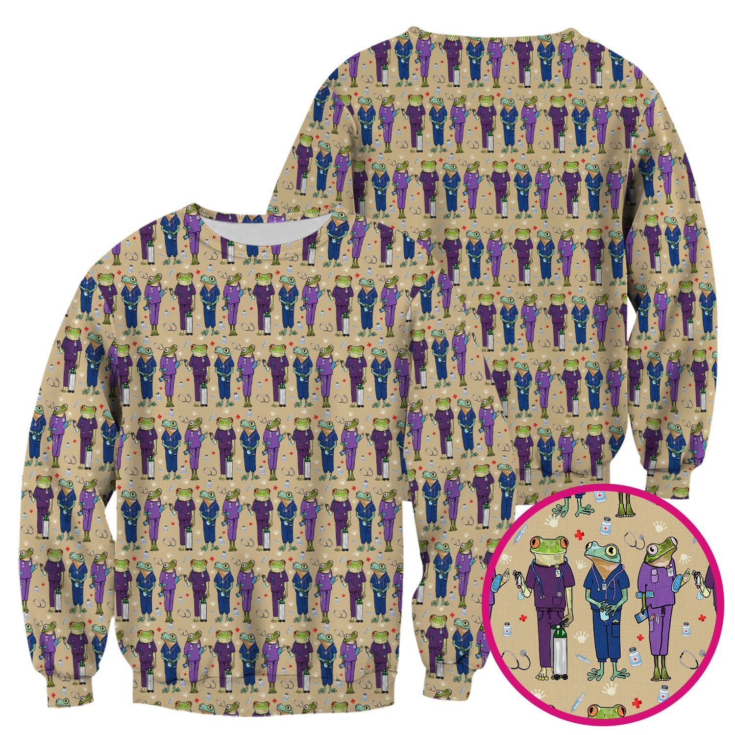 Funny Frog Nurse Pattern Scrub Top, Breathable Healthcare Uniform Top