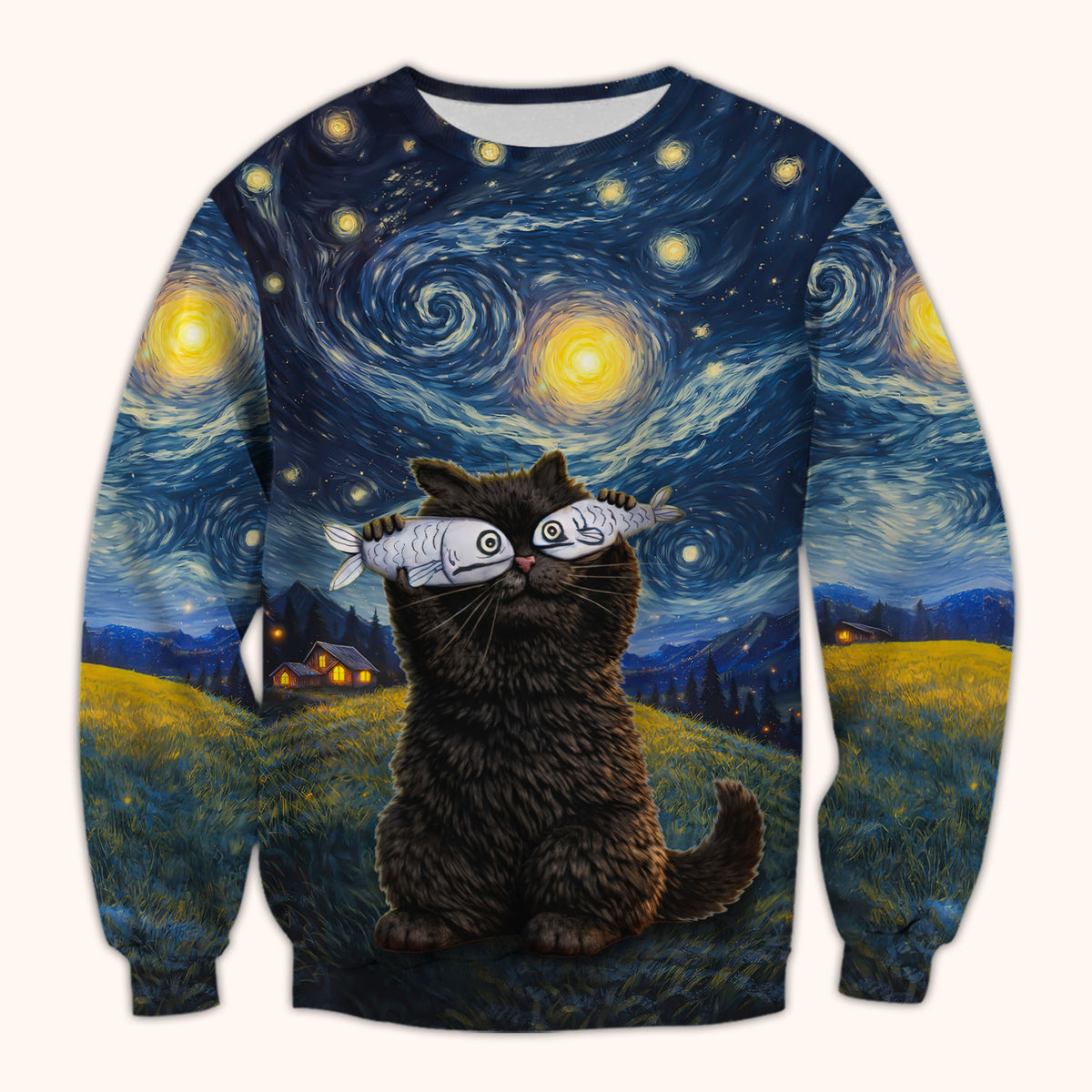 „Starry Night“-Katzen-Print V-Ausschnitt-Kasack, für katzenliebende Pflegekräfte