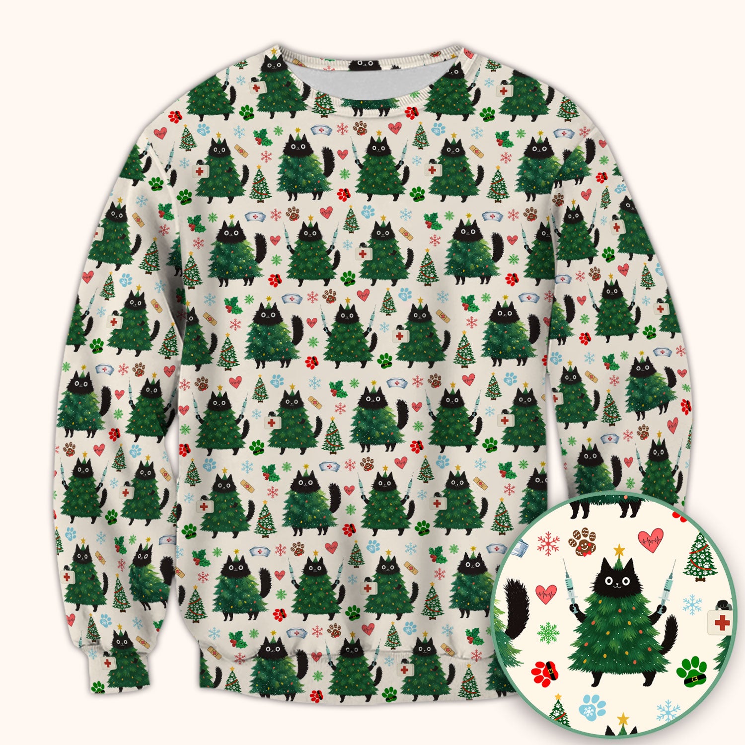 Christmas Nurse Scrub Top, Xmas Black Cat Pattern Nurse Shirt,  Breathable Fabrics Nursing Uniform