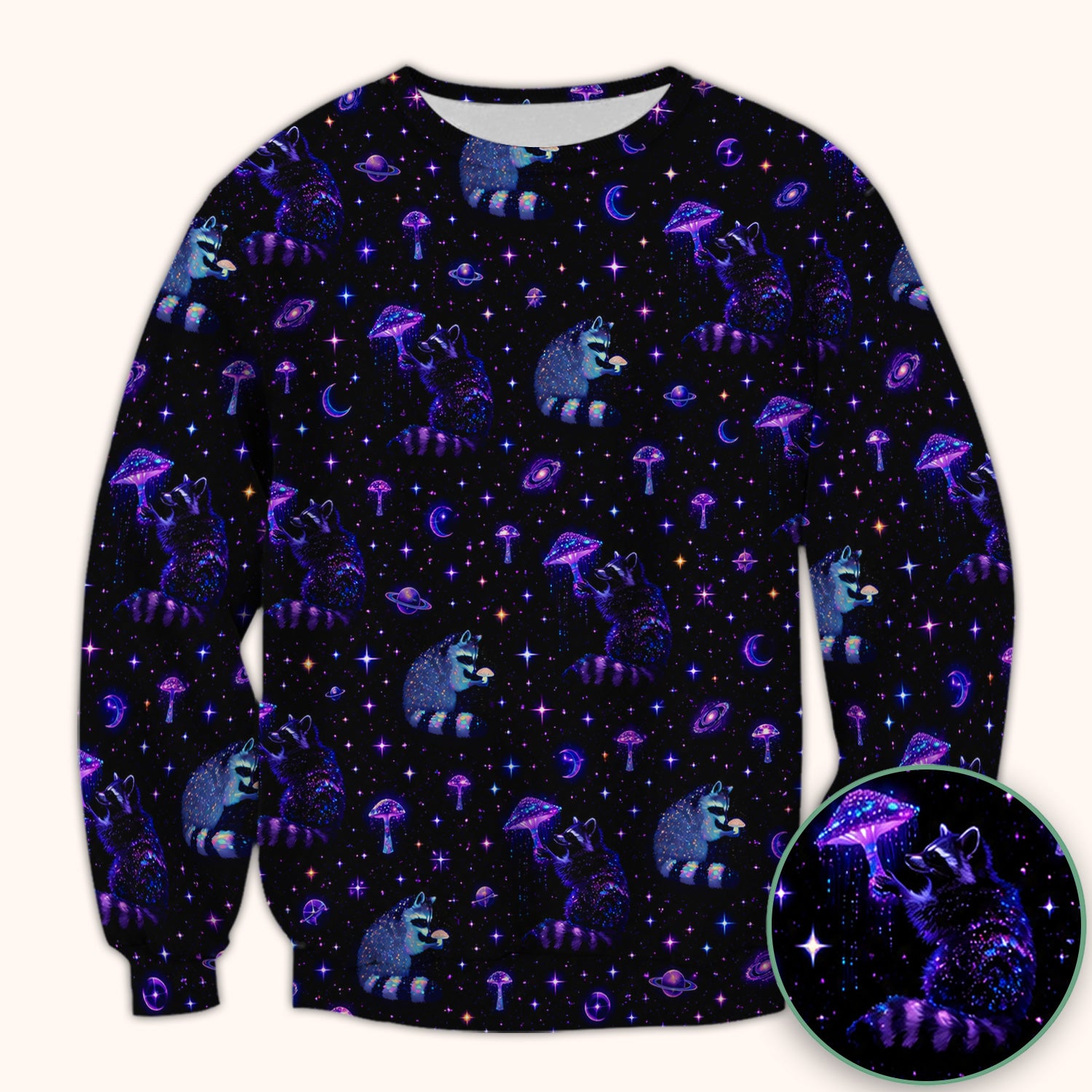 Cute Raccoon Mushroom Galaxy Pattern Scrub Top, Comfortable Scrubs for Nurses