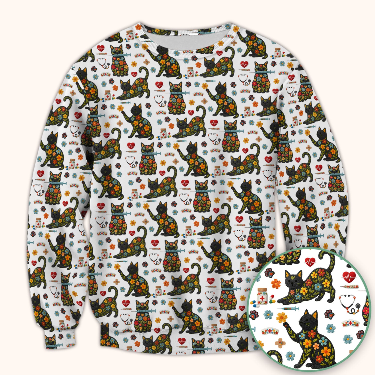 Floral Black Cat Pattern Scrub Top, Cute Cat Nurse Scrub Shirt, Medical Nursing Uniform