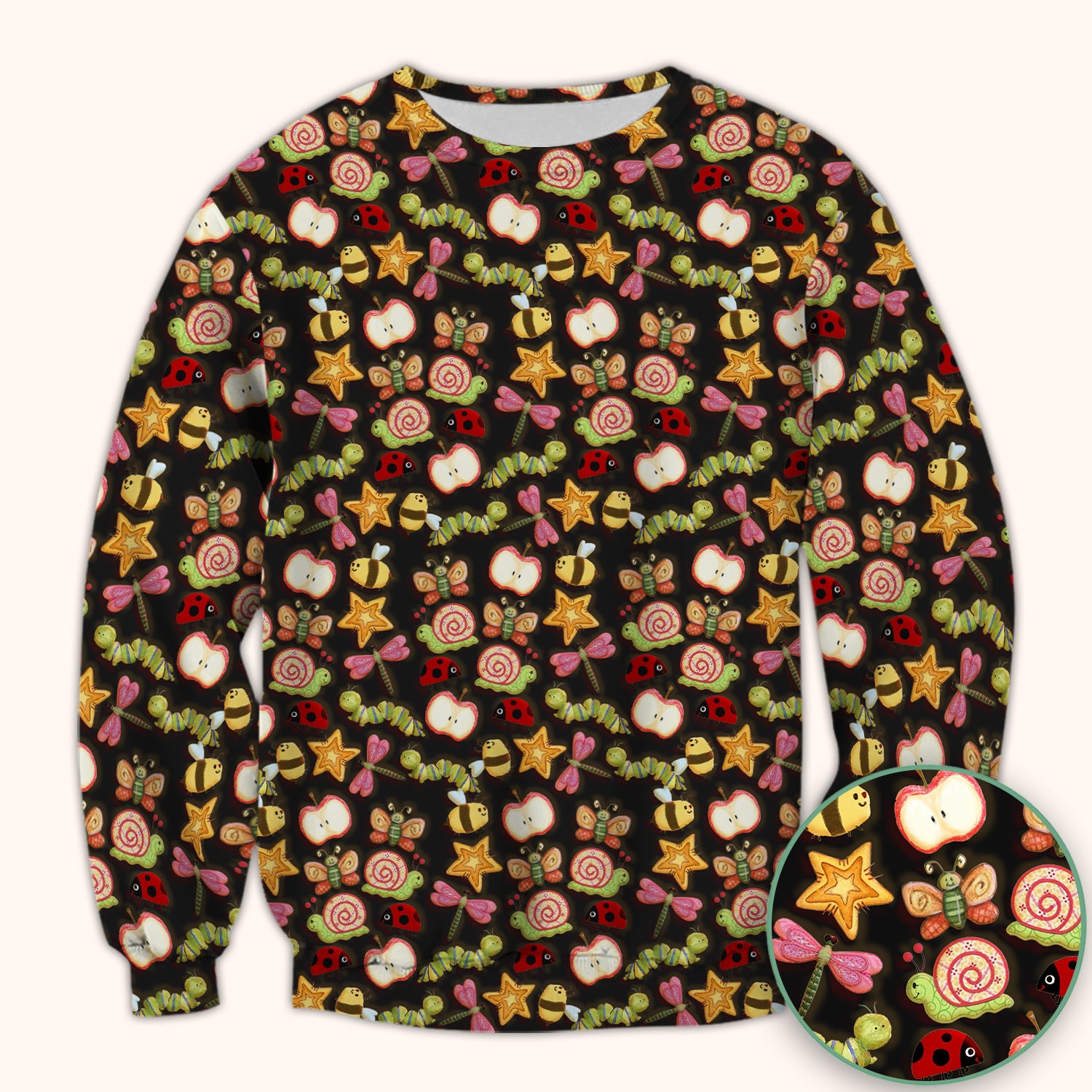 Cute Nurse Snail Ladybug Caterpillar Apple Garden Pattern Scrub Top, Breathable Fabrics Nursing Uniform
