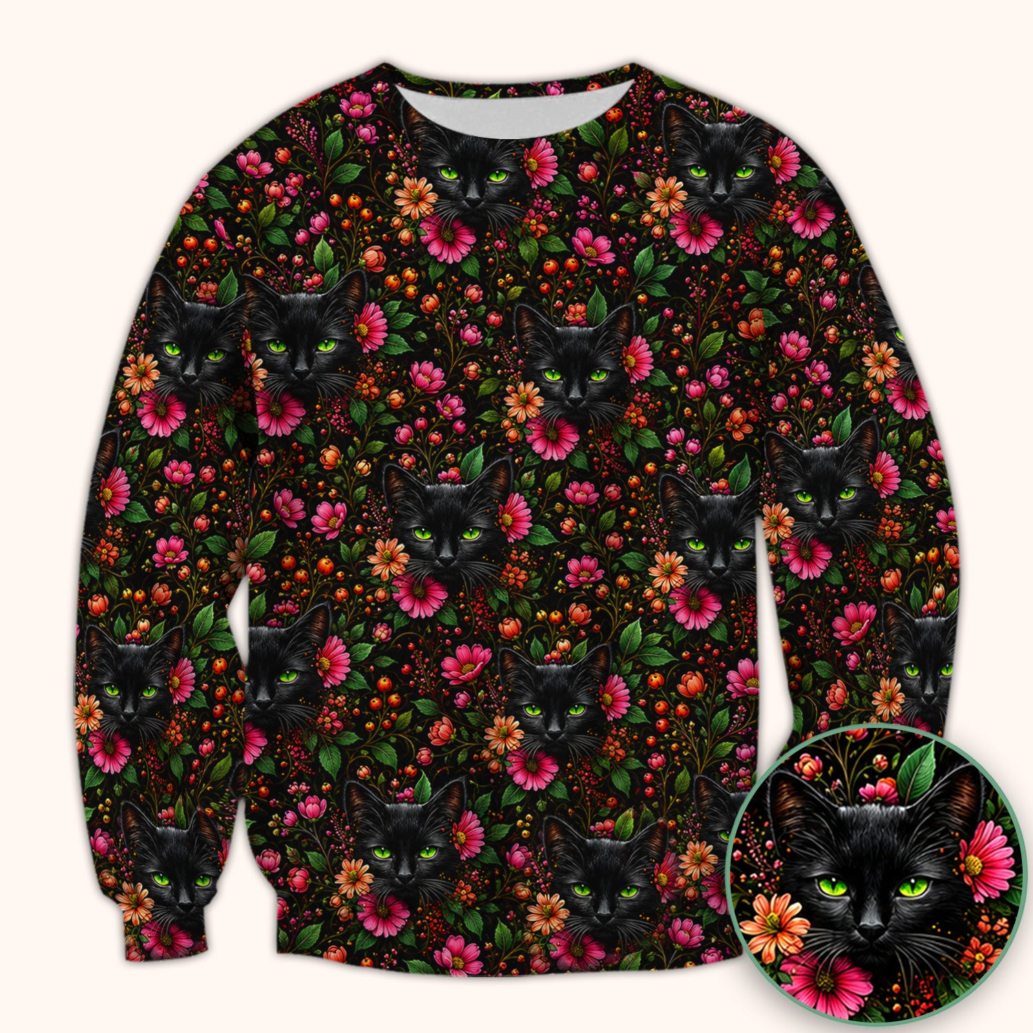 Adorable Black Cat Blossom Pattern Scrub Top, Comfortable Scrubs for Nurses