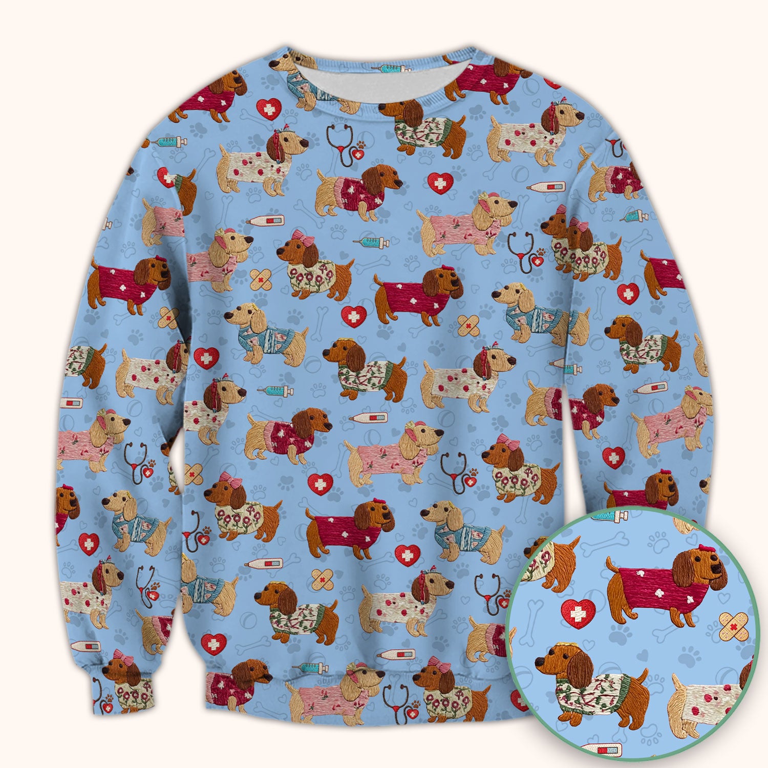 Cute Medical Wiener Dog Pattern Nurse Shirt, Dachshund Nursing Scrub Top, Breathable Fabrics Nursing Uniform