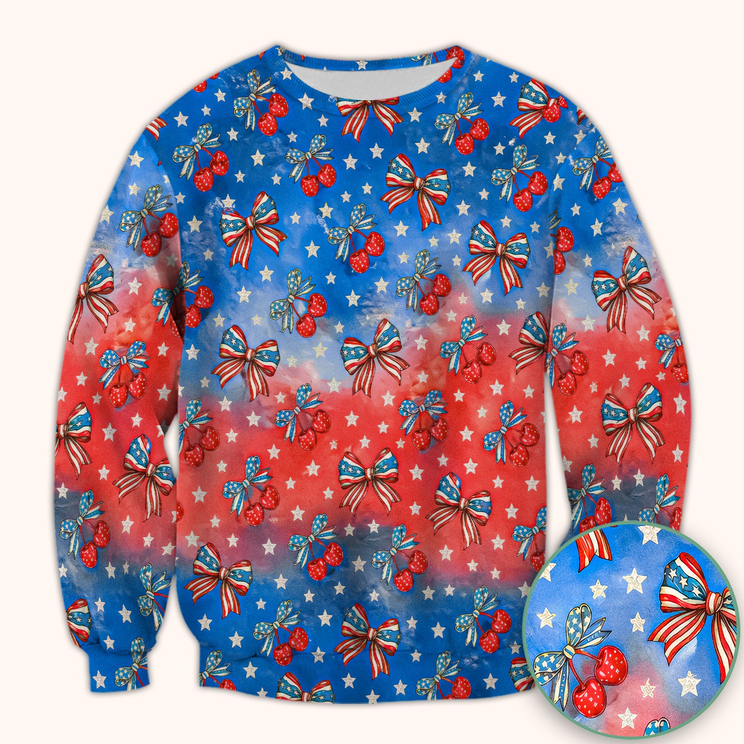 Festive Patriotic Star Bow Cherry Pattern Scrub Top, Comfortable Scrubs for Nurses