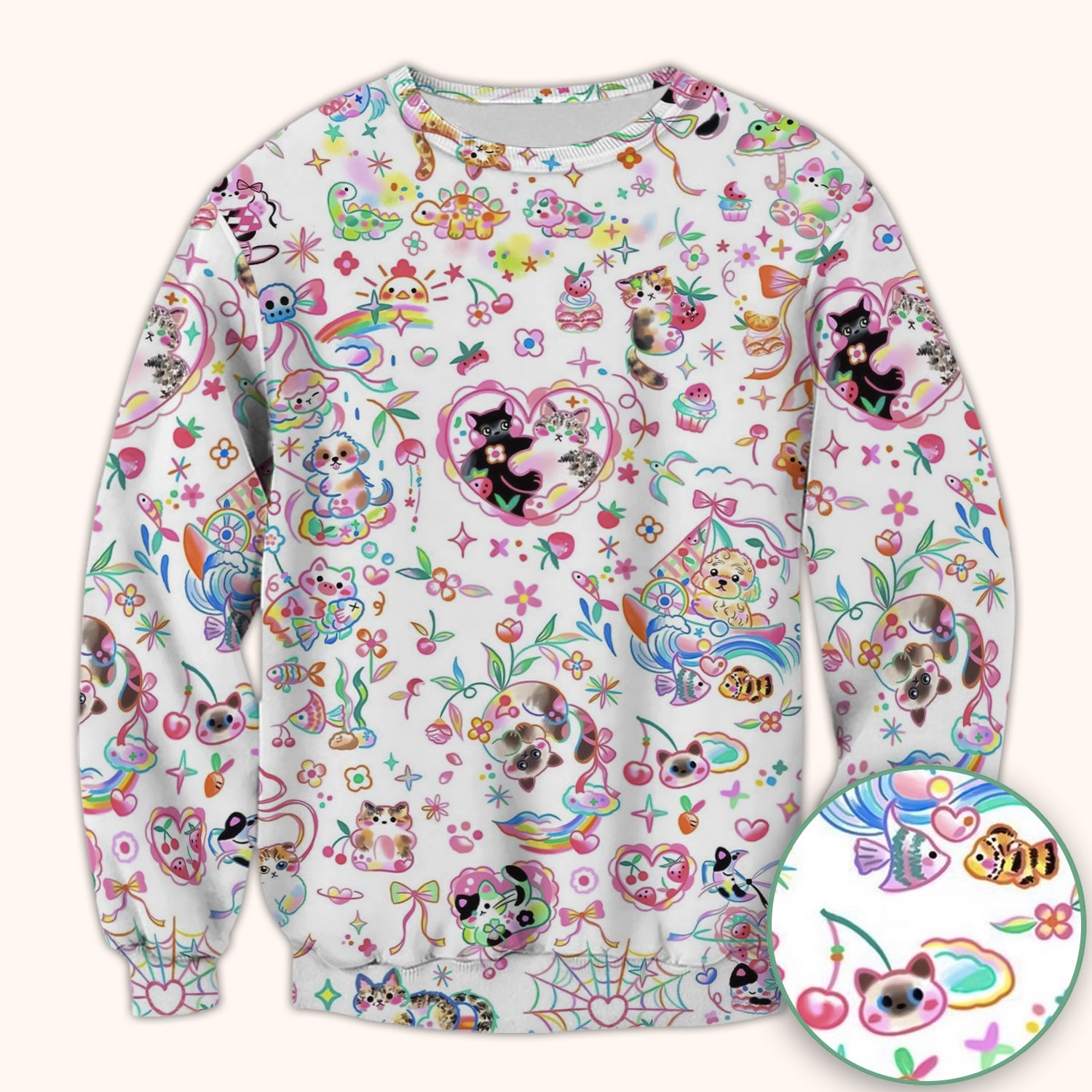 Cute Kawaii Animal Rainbow Heart Pattern Scrub Top, Comfortable Scrubs for Nurses