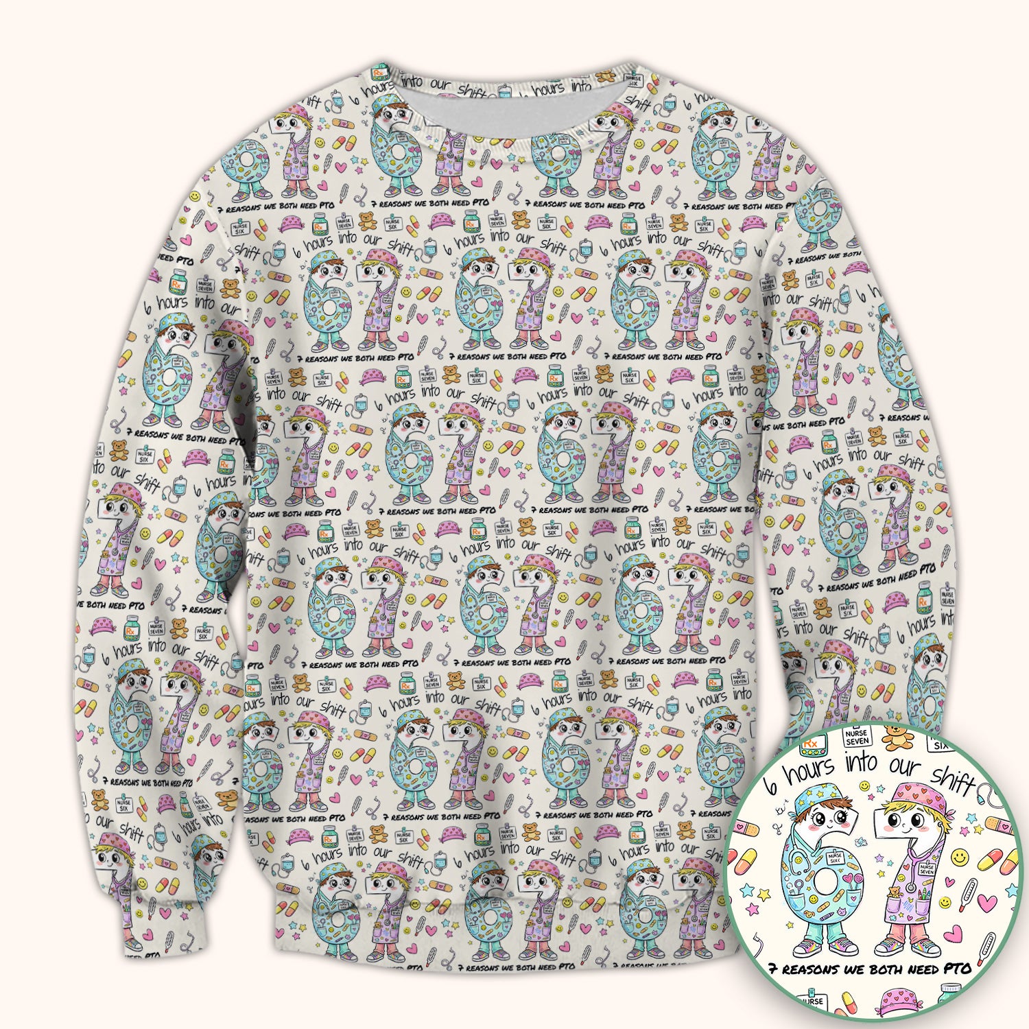 Cartoon Characters Six Hours Into Shift With Medical Doodle Scrub Top, Breathable Fabrics Nursing Uniform