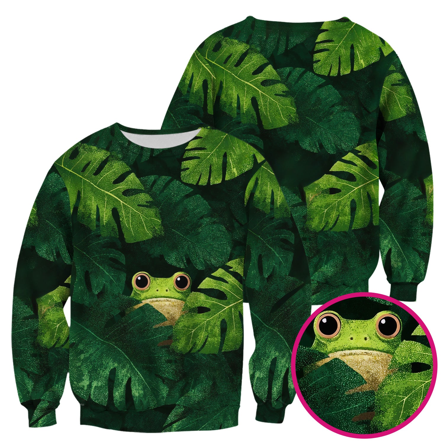Cute Frog Hiding Jungle Leaves Pattern Nurse Scrub Top, Breathable Fabrics Nursing Uniform