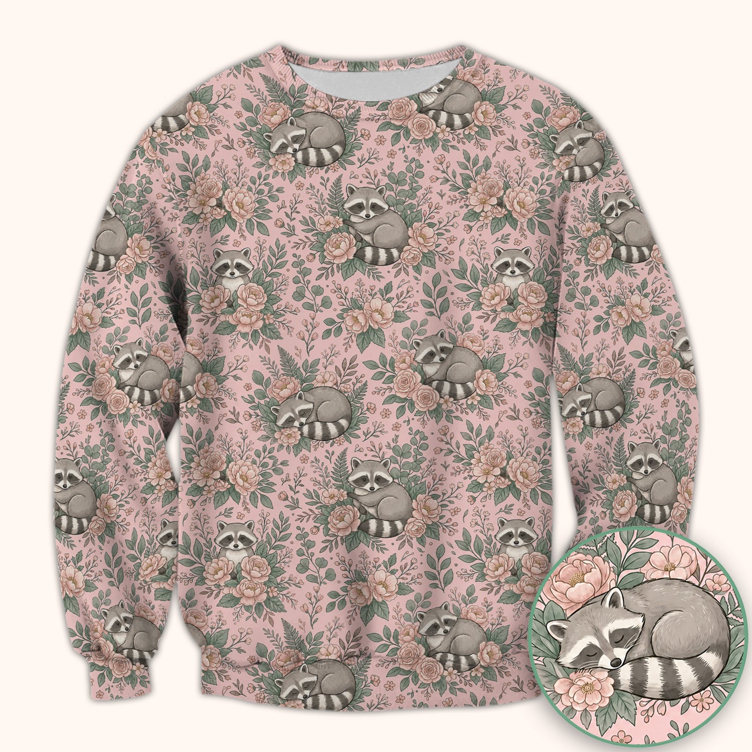 Sleeping Raccoon Rose Garden Pattern Scrub Top, Breathable Fabrics Nursing Uniform
