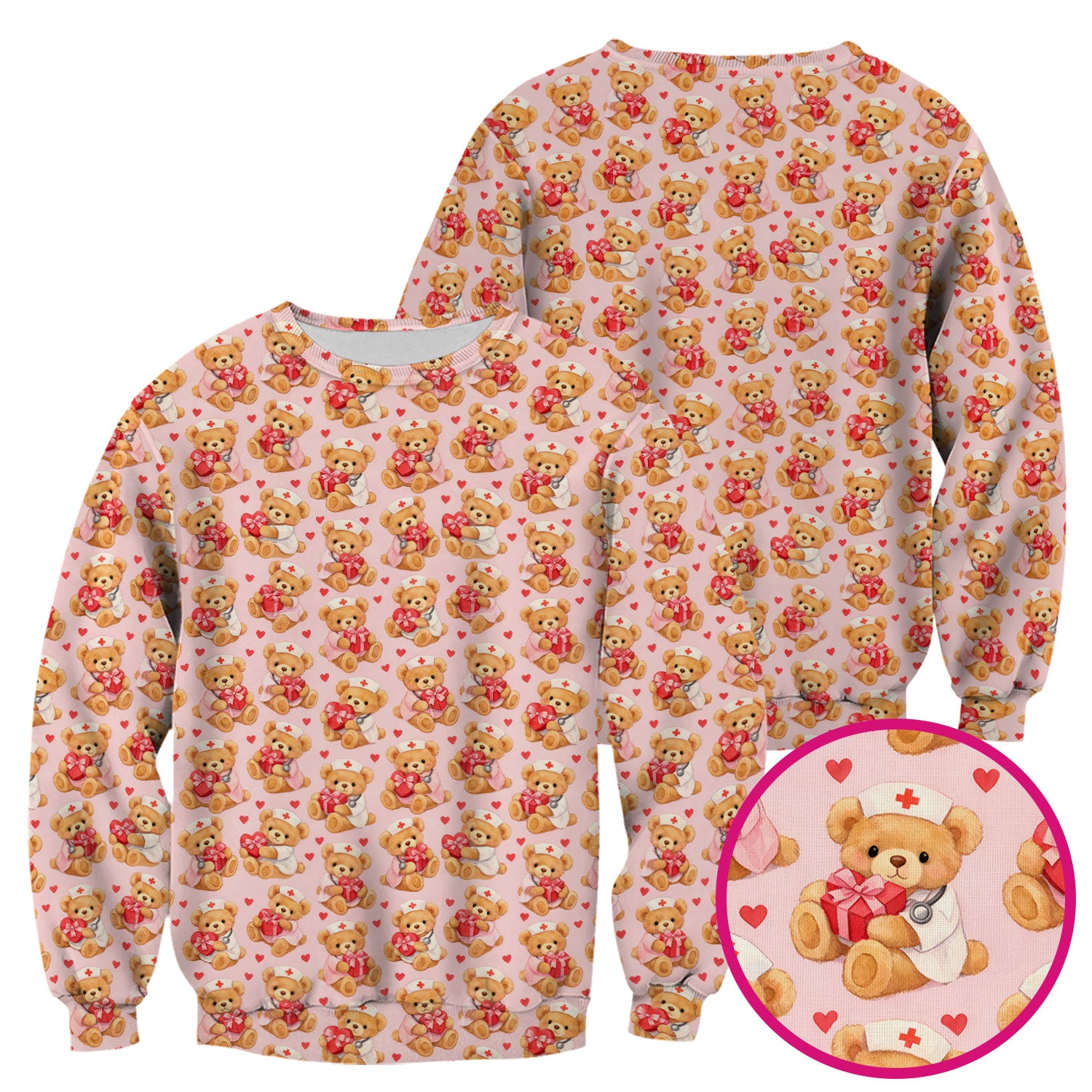 Valentine Teddy Pattern Scrub Top, Bear And Heart Medical Nurse Scrub Shirt, Breathable Fabrics Nursing Uniform