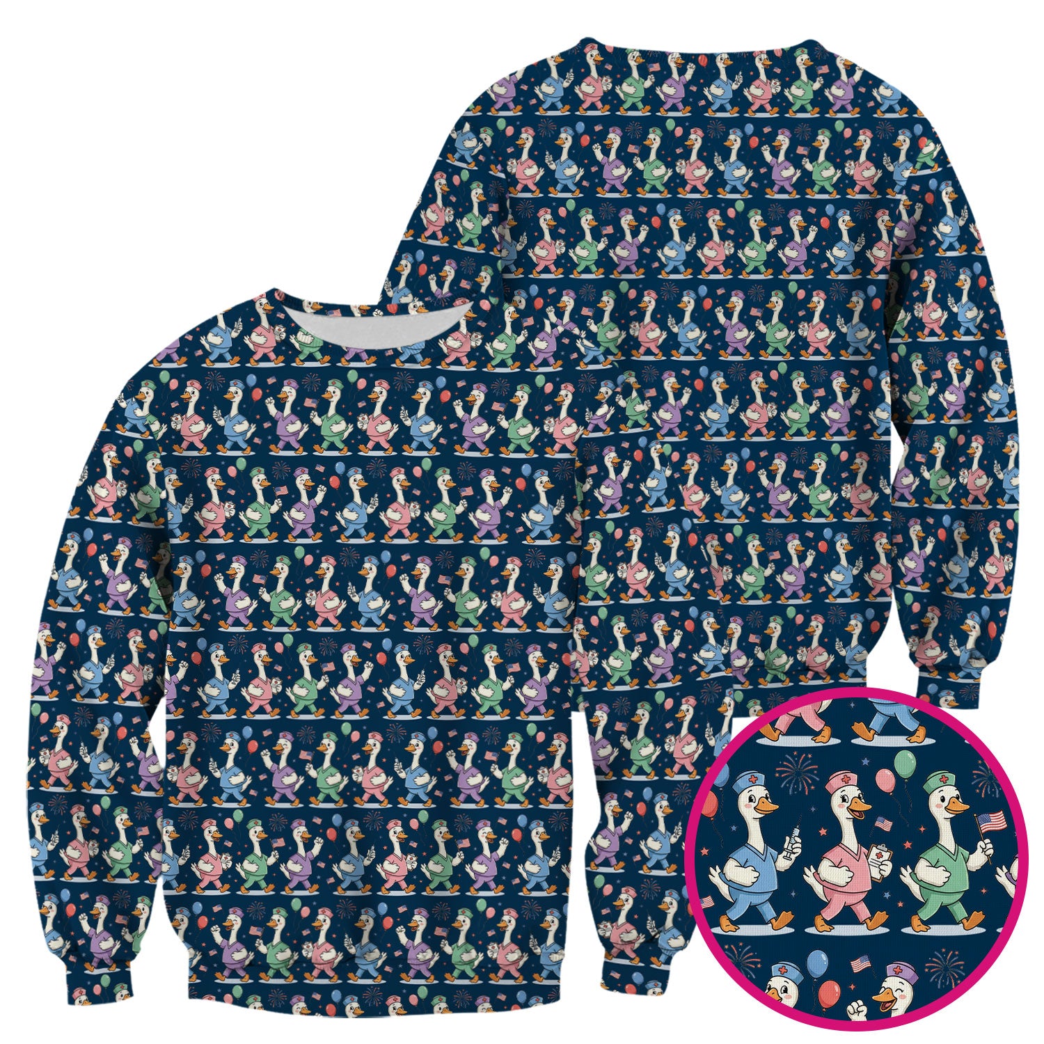 Cute Nurse Ducks Balloons Pattern Scrubs Top, Breathable Fabrics Nursing Uniform