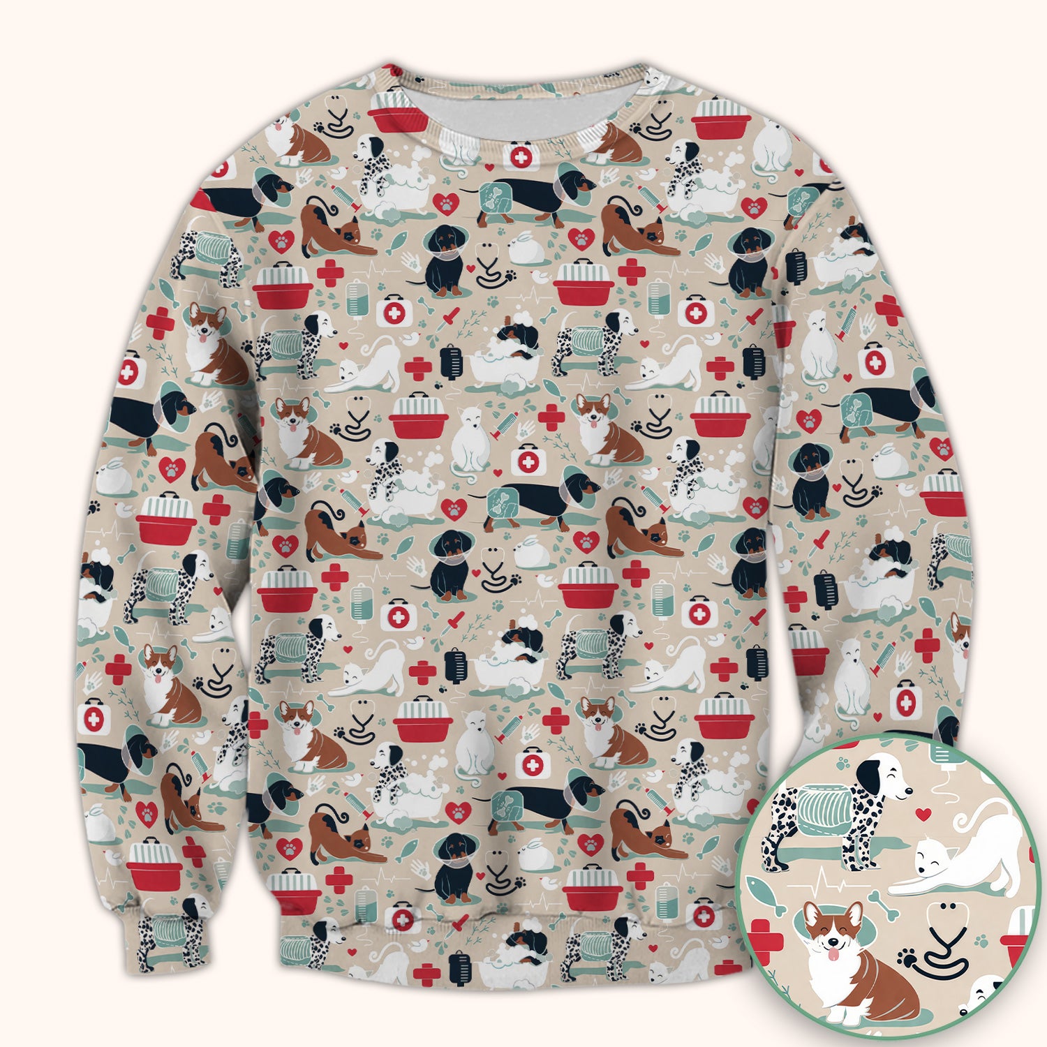 Dogs With Veterinary Tools And Paw Print Scrub Top, Breathable Fabrics Nursing Uniform