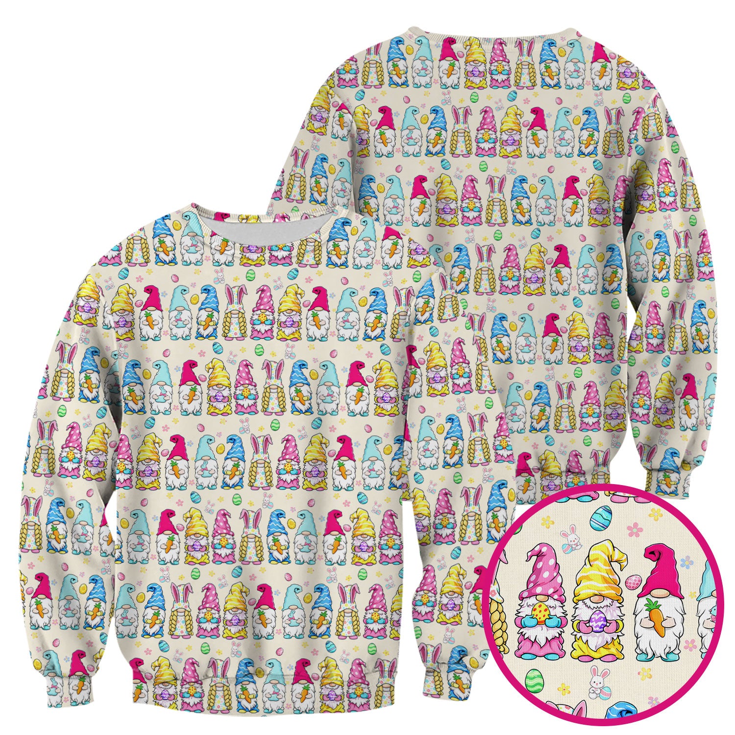 Colorful Easter Gnome Bunny Eggs Print Scrub Top, Comfortable Scrubs for Nurses