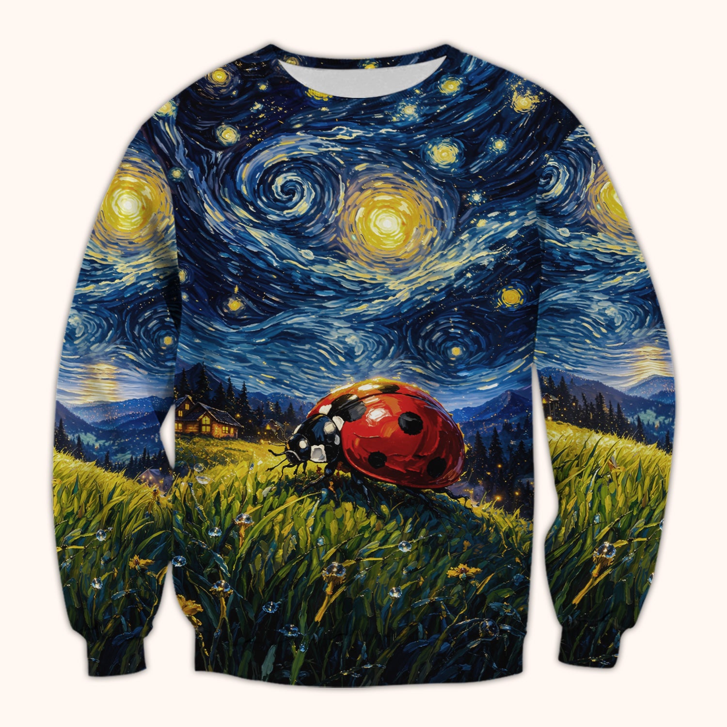 Swirl Night Sky Ladybug Landscape Art Print Scrub Top, Artistic Nature Nursing Uniform for Women
