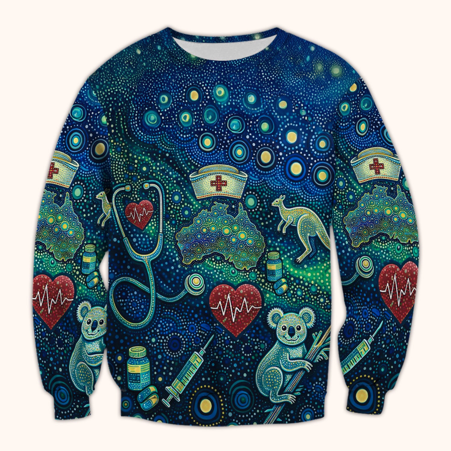 Aboriginal Nurse Australia Scrub Top, Kangaroo Koala Dot Art Medical Pattern Shirt, Breathable Fabrics Nursing Uniform