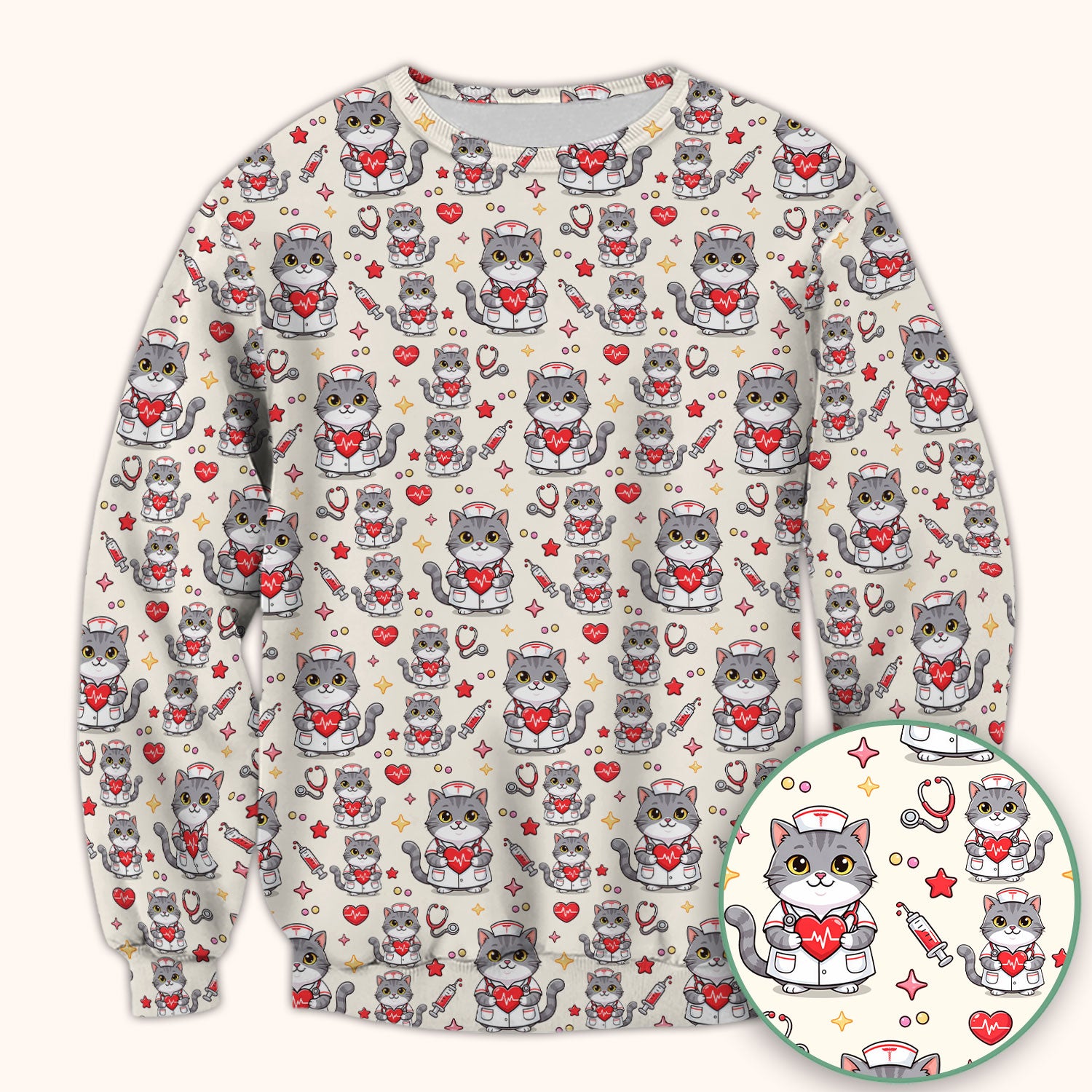Cute Nurse Cat Heart Medical Print Scrub Top, Comfortable Scrubs for Nurses