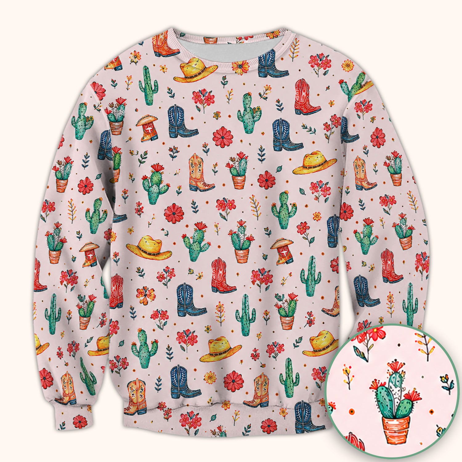 Whimsical Western Cactus Boots Pattern Scrub Top, Breathable Fabrics Nursing Uniform
