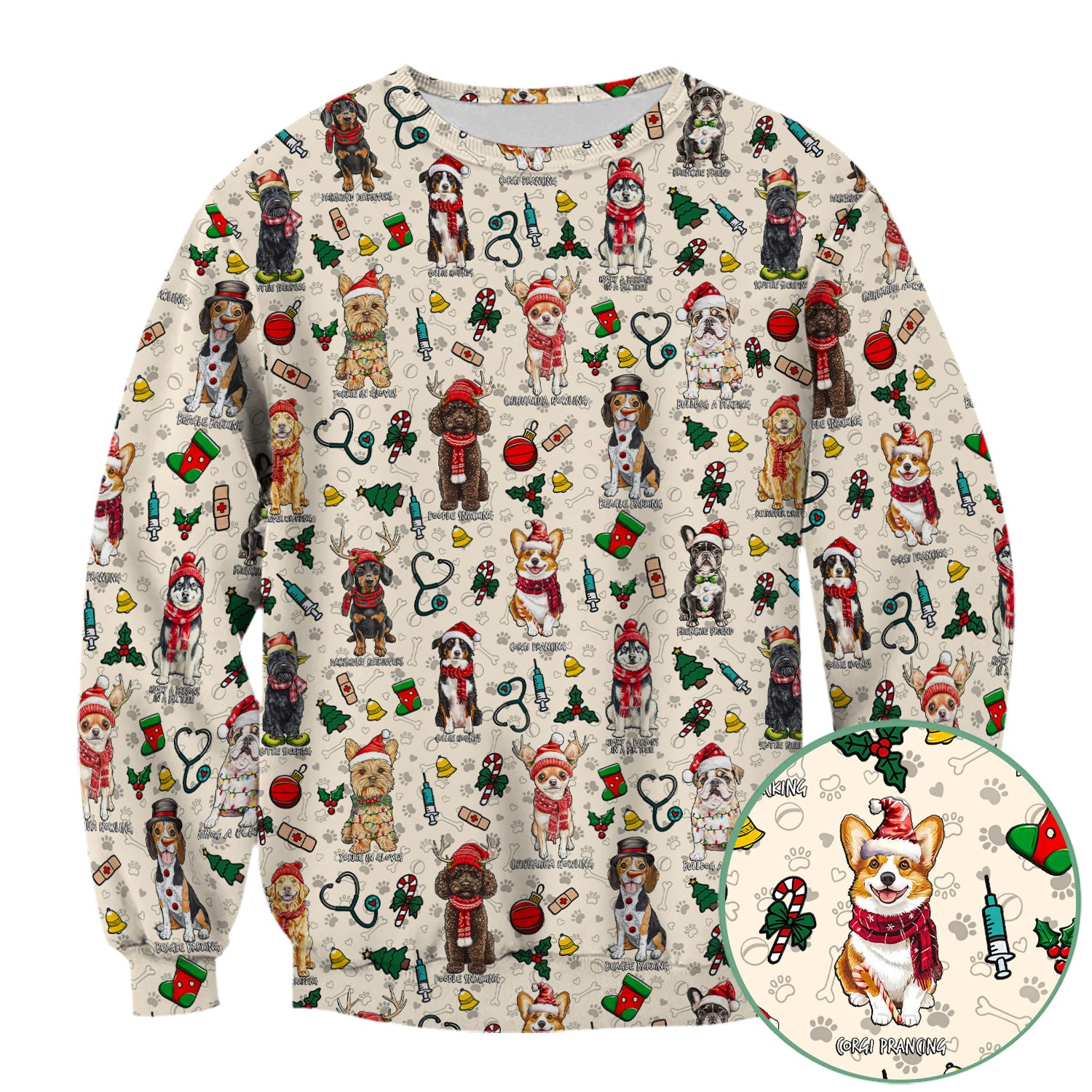 Christmas Dog Scrubs for Nurses – Dachshund, Husky, Poodle, Corgi & Labrador Holiday Scrub Top – Funny Santa Pattern Medical Shirt