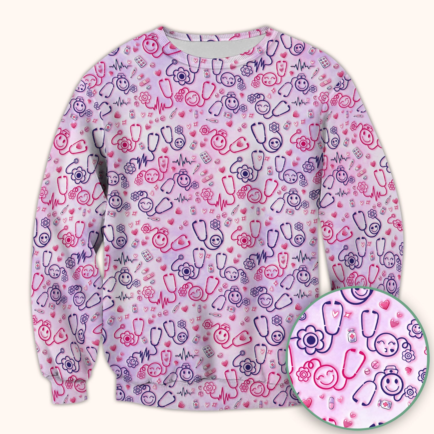 Stethoscope Heart Cute Icon Print Scrub Top, Breathable Fabrics Nursing Uniform