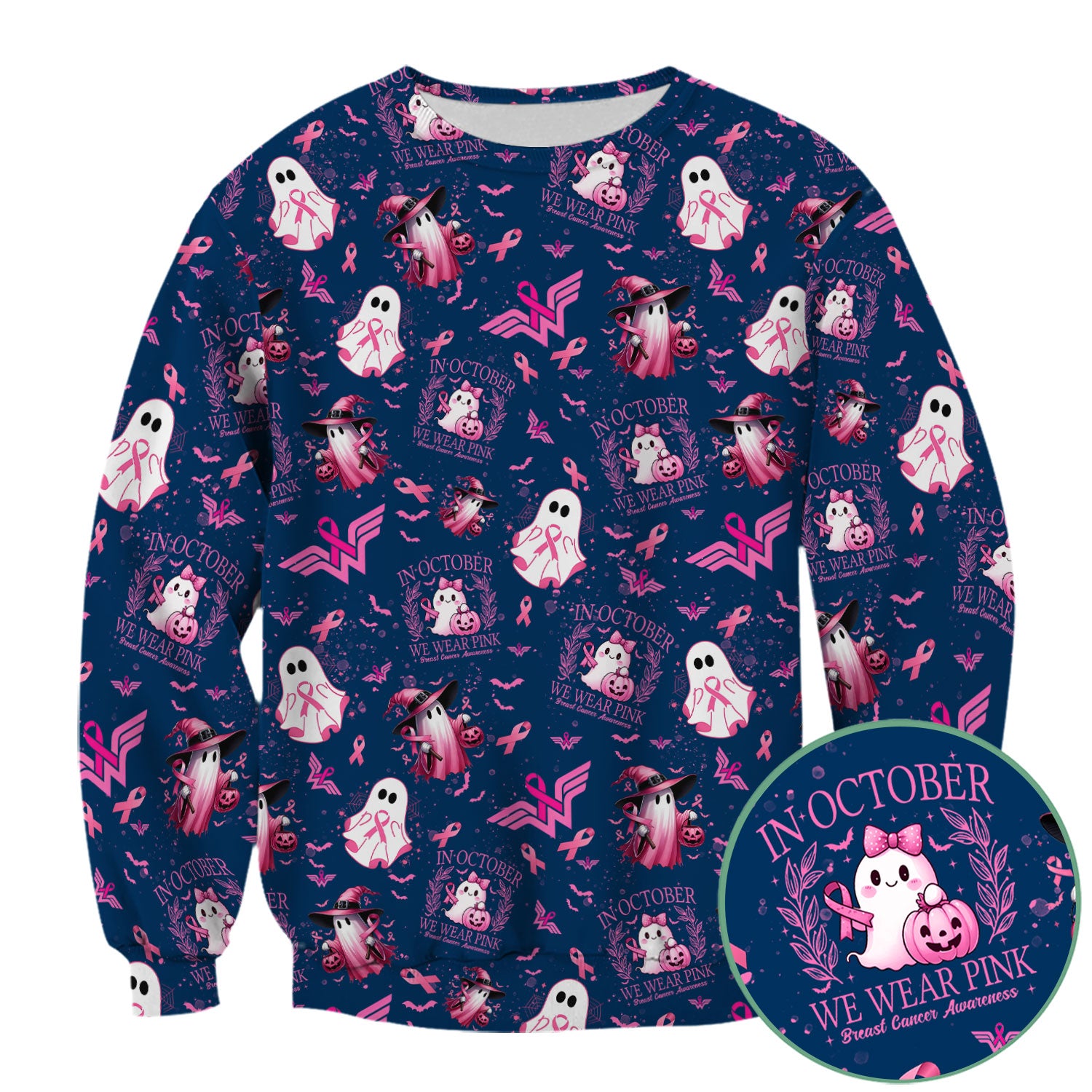Halloween Breast Cancer Awareness Scrub Top - In October We Wear Pink Nurse Shirt - Cute Ghost Witch Pink Ribbon Medical Uniform