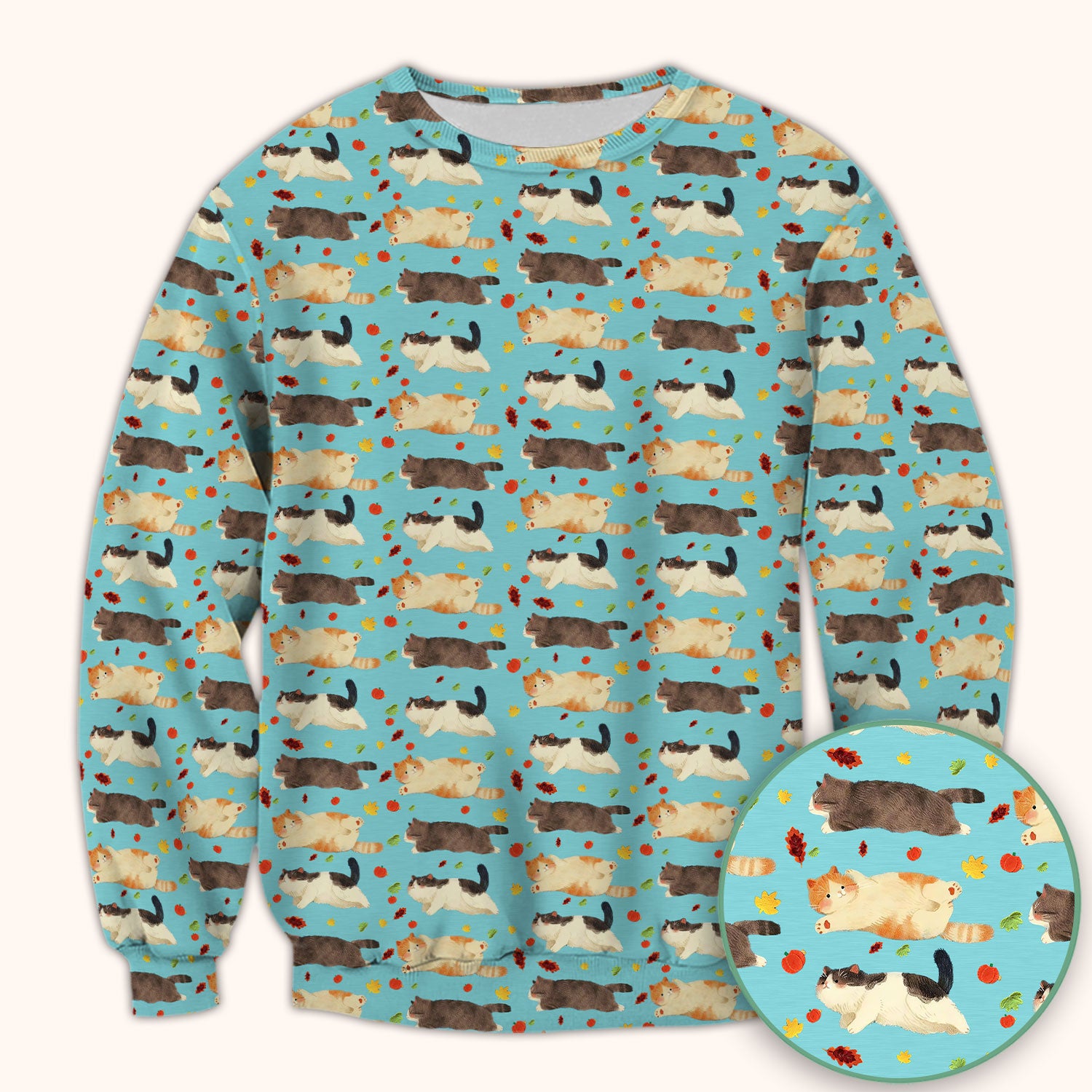 Chubby Cat Autumn Leaves Print Scrub Top, Breathable Fabrics Nursing Uniform