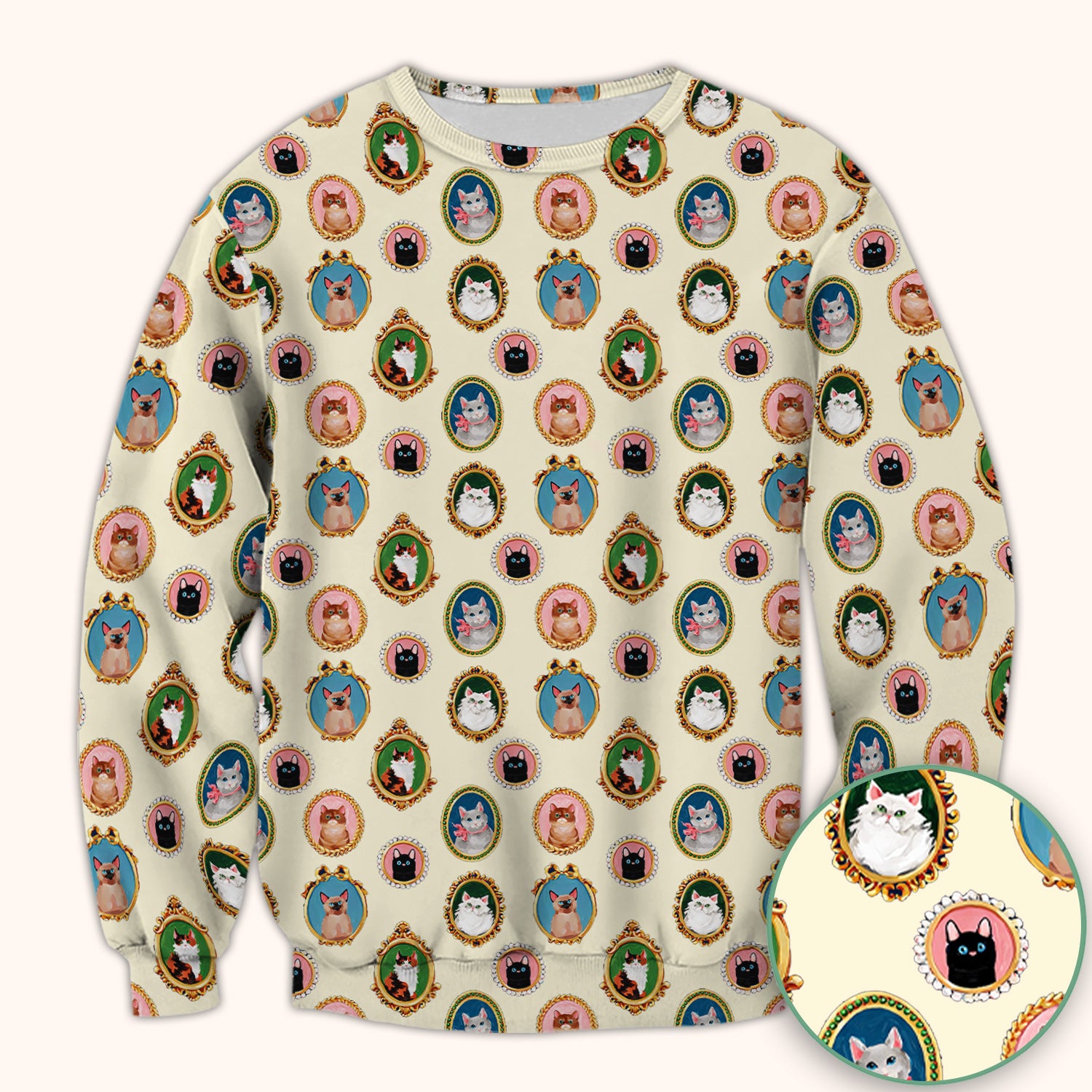 Vintage Cat Portrait Pattern Scrub Top, Breathable Medical Uniform Top