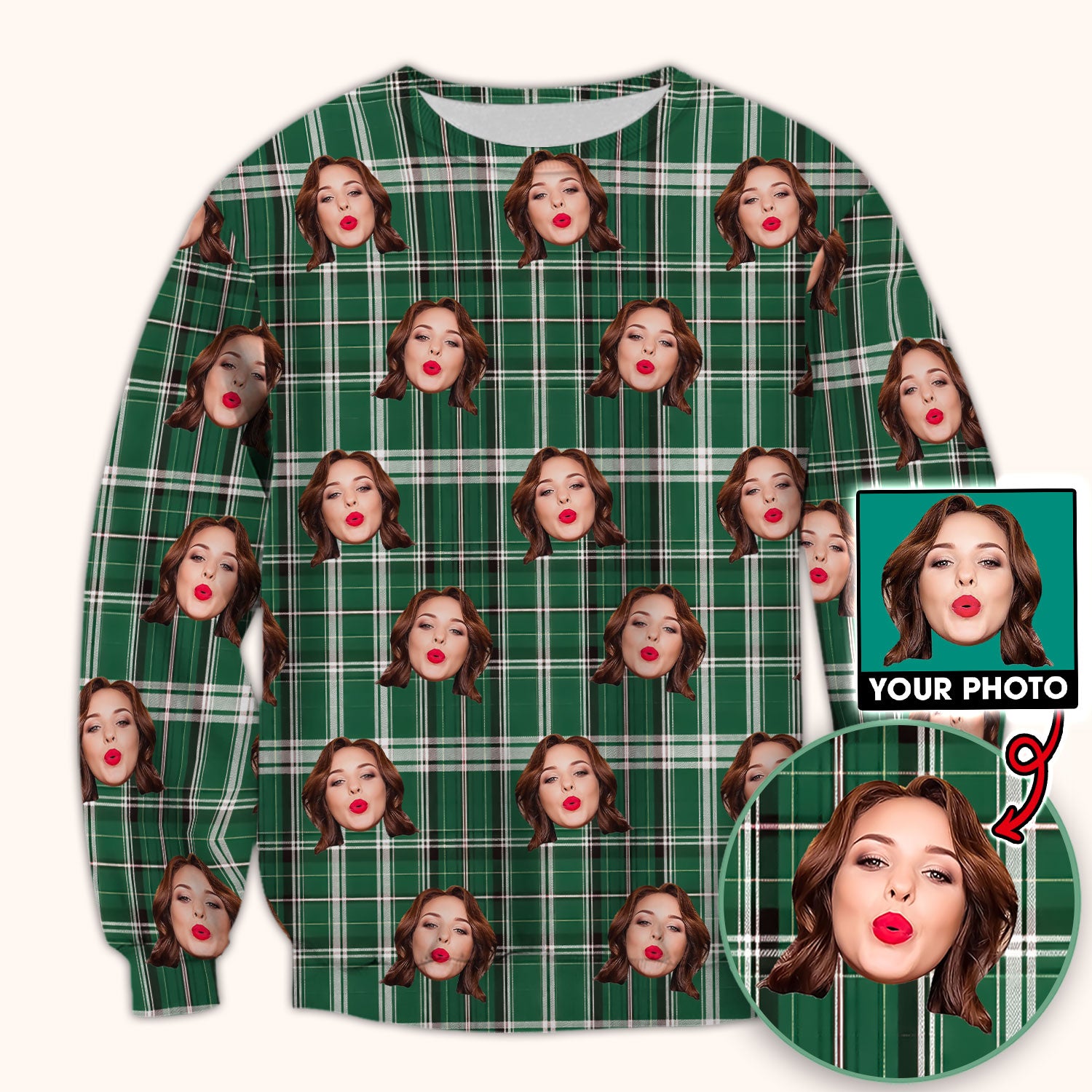 Personalized Funny Face Plaid Scrub Top, Custom Photo Pattern Medical Shirt, Breathable Fabrics Nursing Uniform