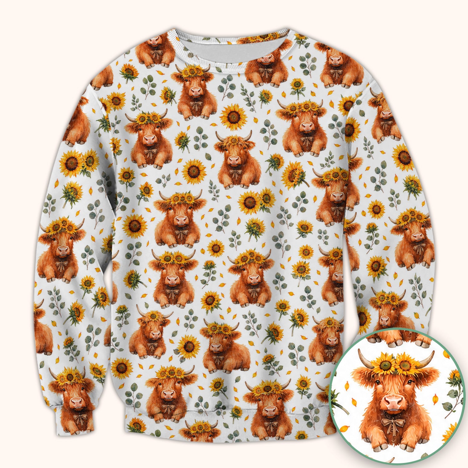 Rustic Highland Cow Floral Pattern Scrub Top, Comfortable Scrubs for Nurses