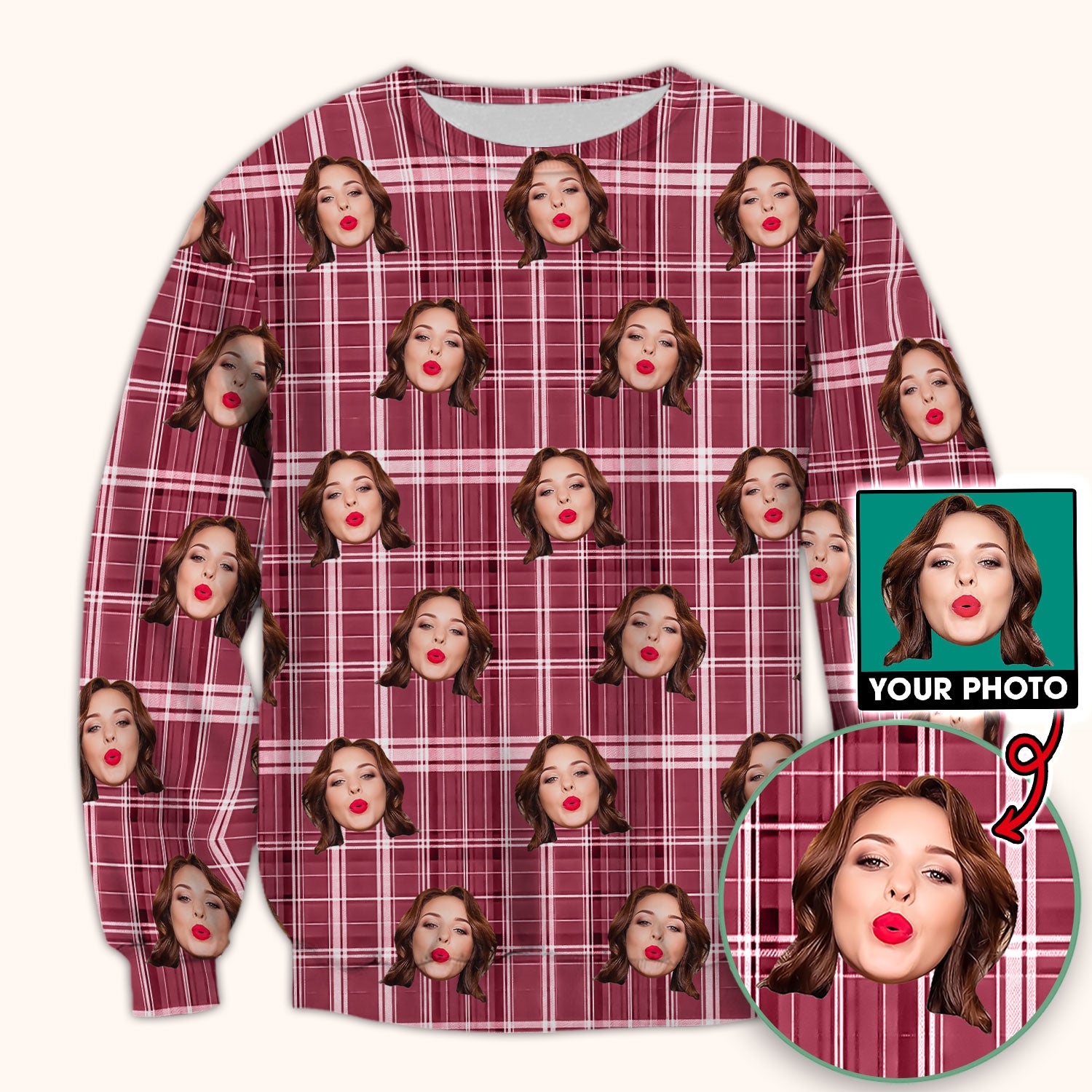 Personalized Funny Face Plaid Scrub Top, Custom Photo Pattern Medical Shirt, Breathable Fabrics Nursing Uniform