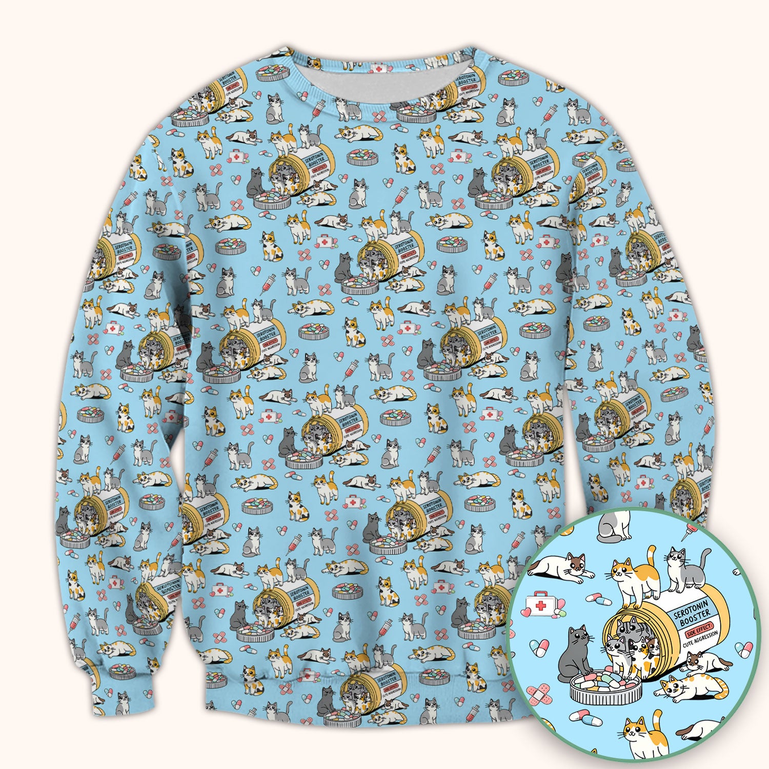 Cute Cat Serotonin Booster Pattern Scrub Top, Comfortable Scrubs for Nurses