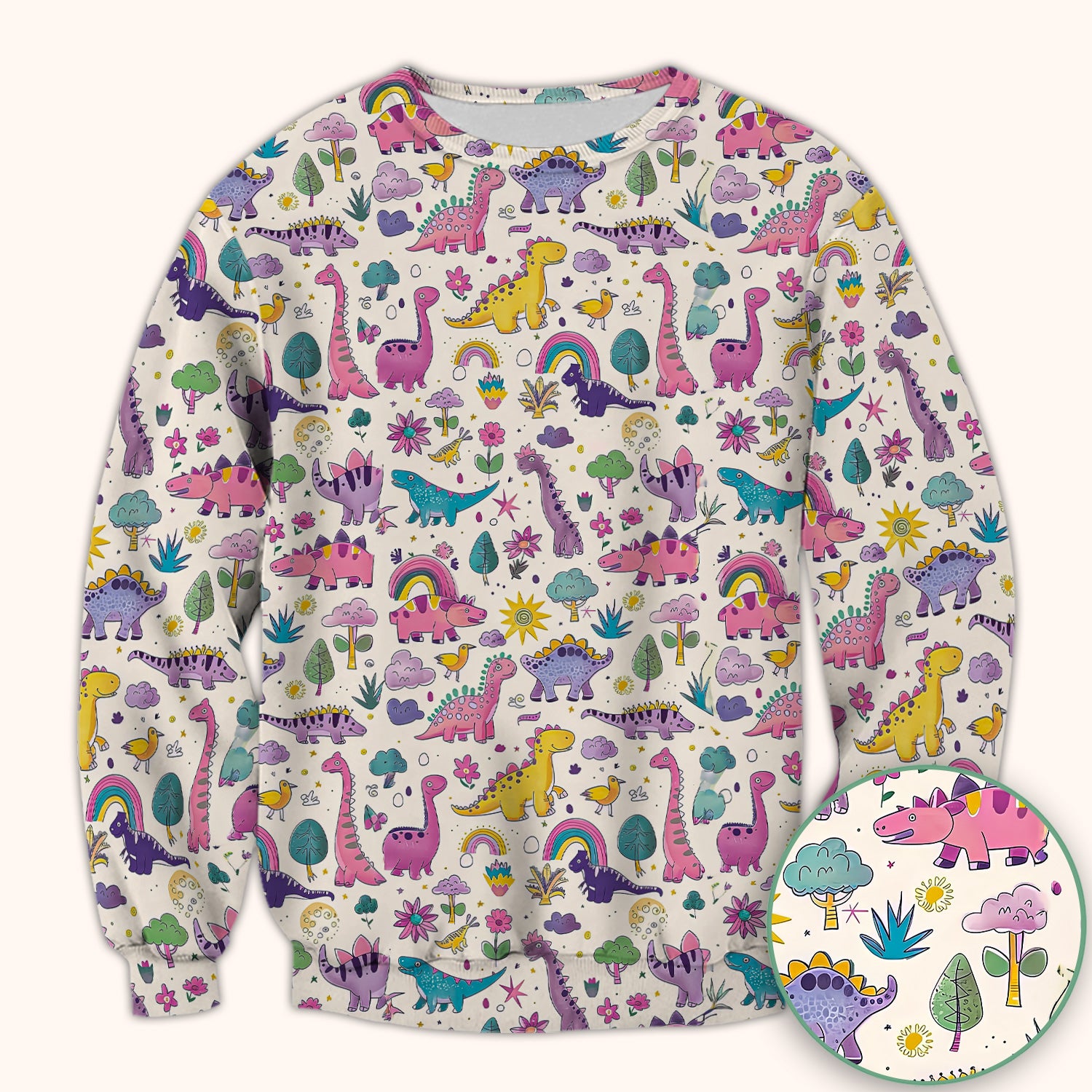 Cute Dinosaur Rainbow Pattern Scrub Top, Breathable Fabrics Nursing Uniform