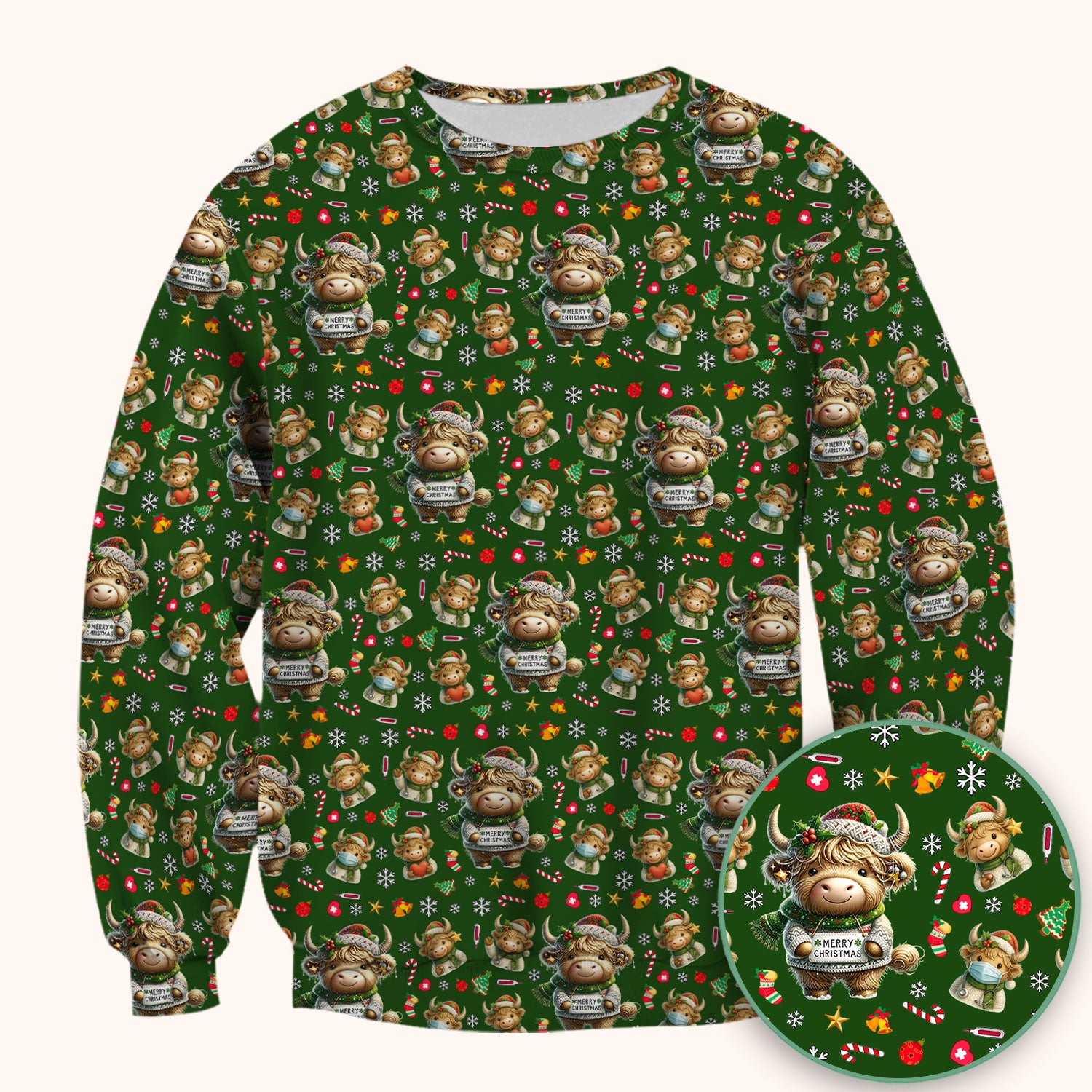 Highland Cow Christmas Scrub Top, Festive Cow Nurse Shirt With Holiday Pattern, Cute Medical Uniform For Women