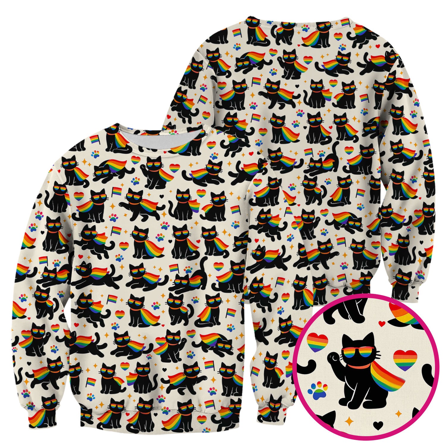 Rainbow Black Cat Pride Pattern Scrub Top, Breathable Fabrics Nursing Uniform