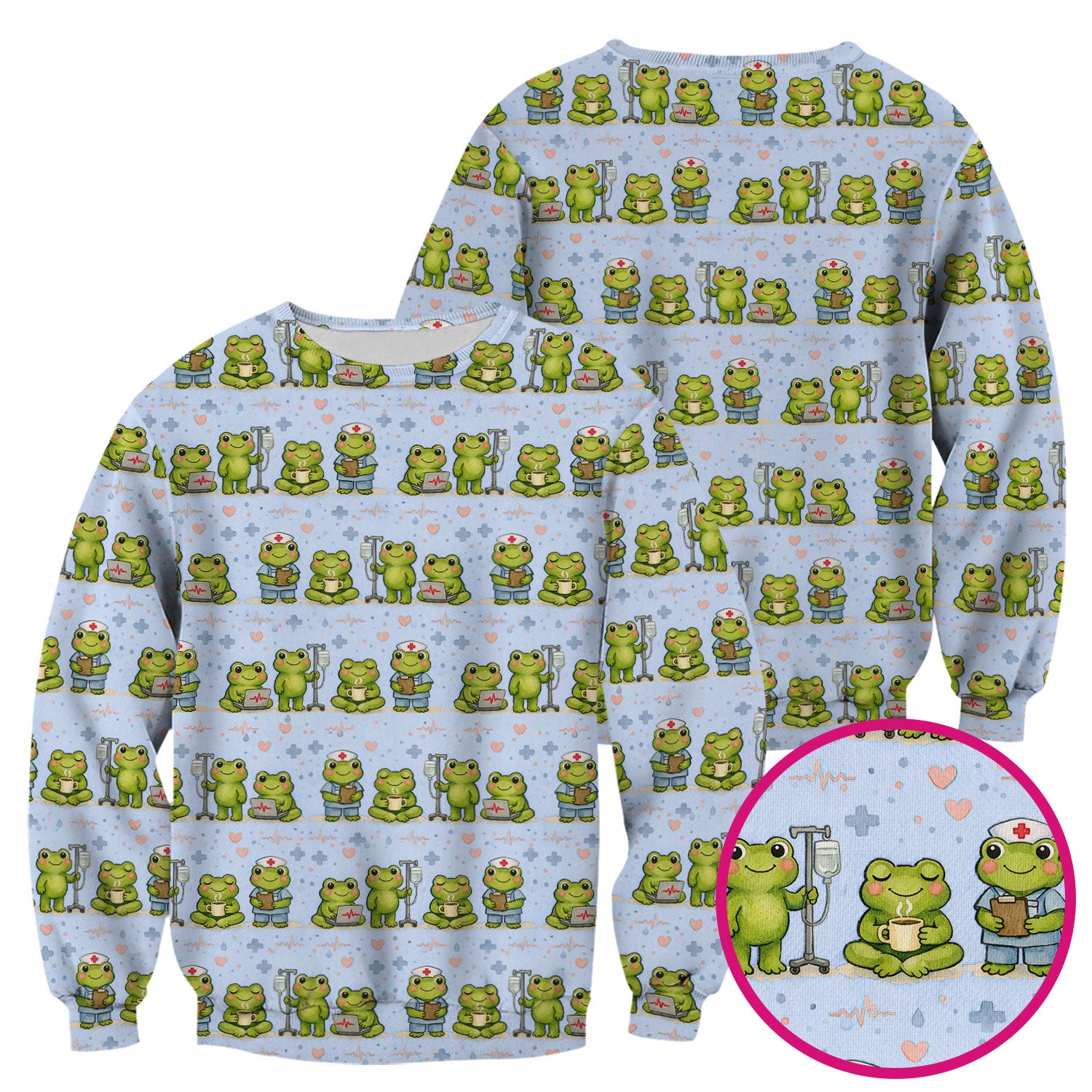 Adorable Frog Nurse Various Poses Print Scrub Top, Comfortable Scrubs for Nurses