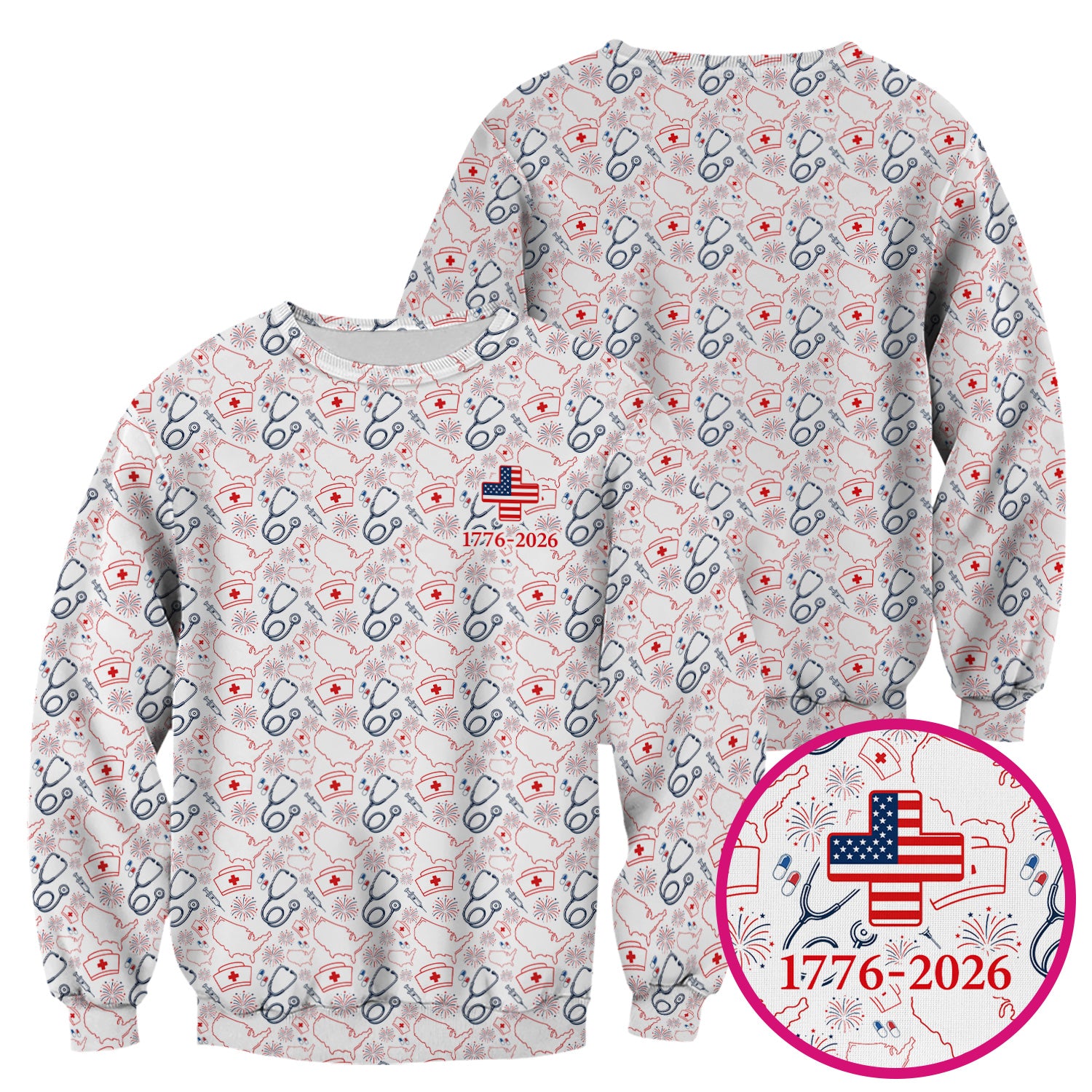 Patriotic Nurse Stethoscope Flag Pattern Scrub Top, Comfortable Scrubs for Nurses